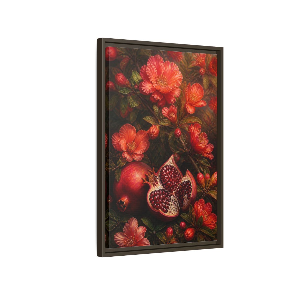Side Mockup 2. Nature Pomegranates Red Pomegranate shown as framed canvas print