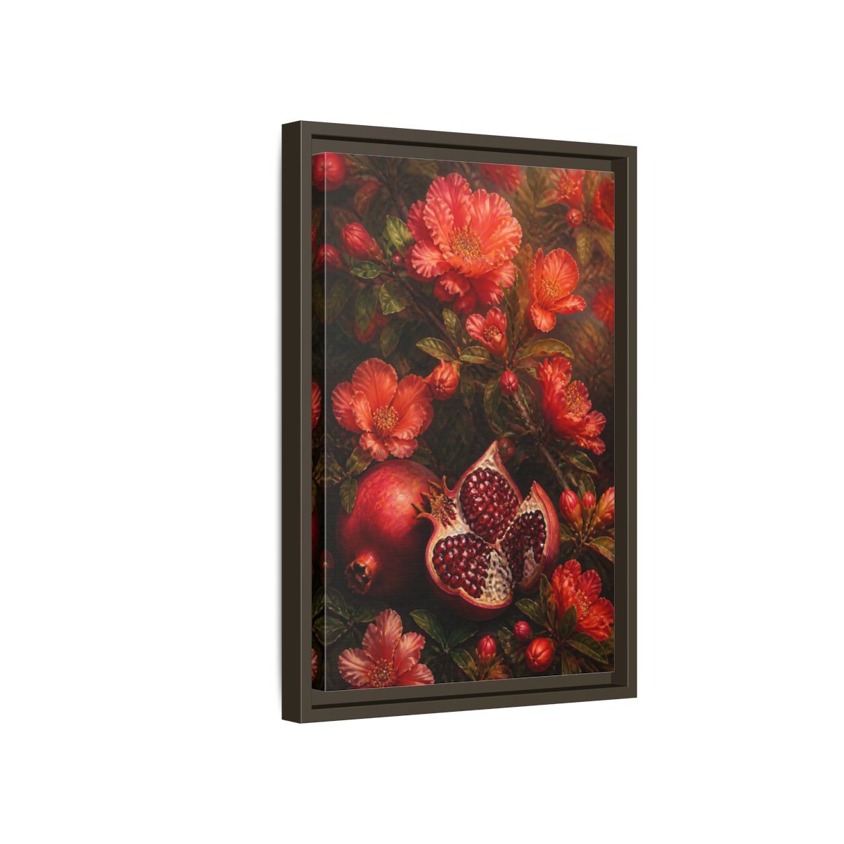 Side Mockup 5. Nature Pomegranates Red Pomegranate shown as framed canvas print