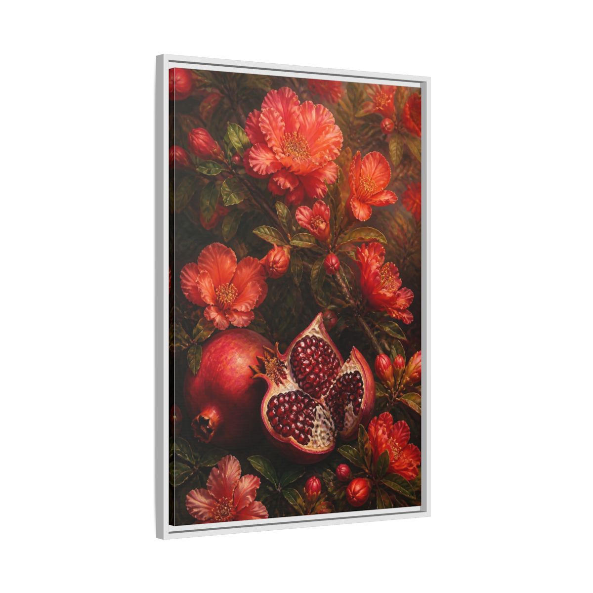 Side Mockup 9. Nature Pomegranates Red Pomegranate shown as framed canvas print