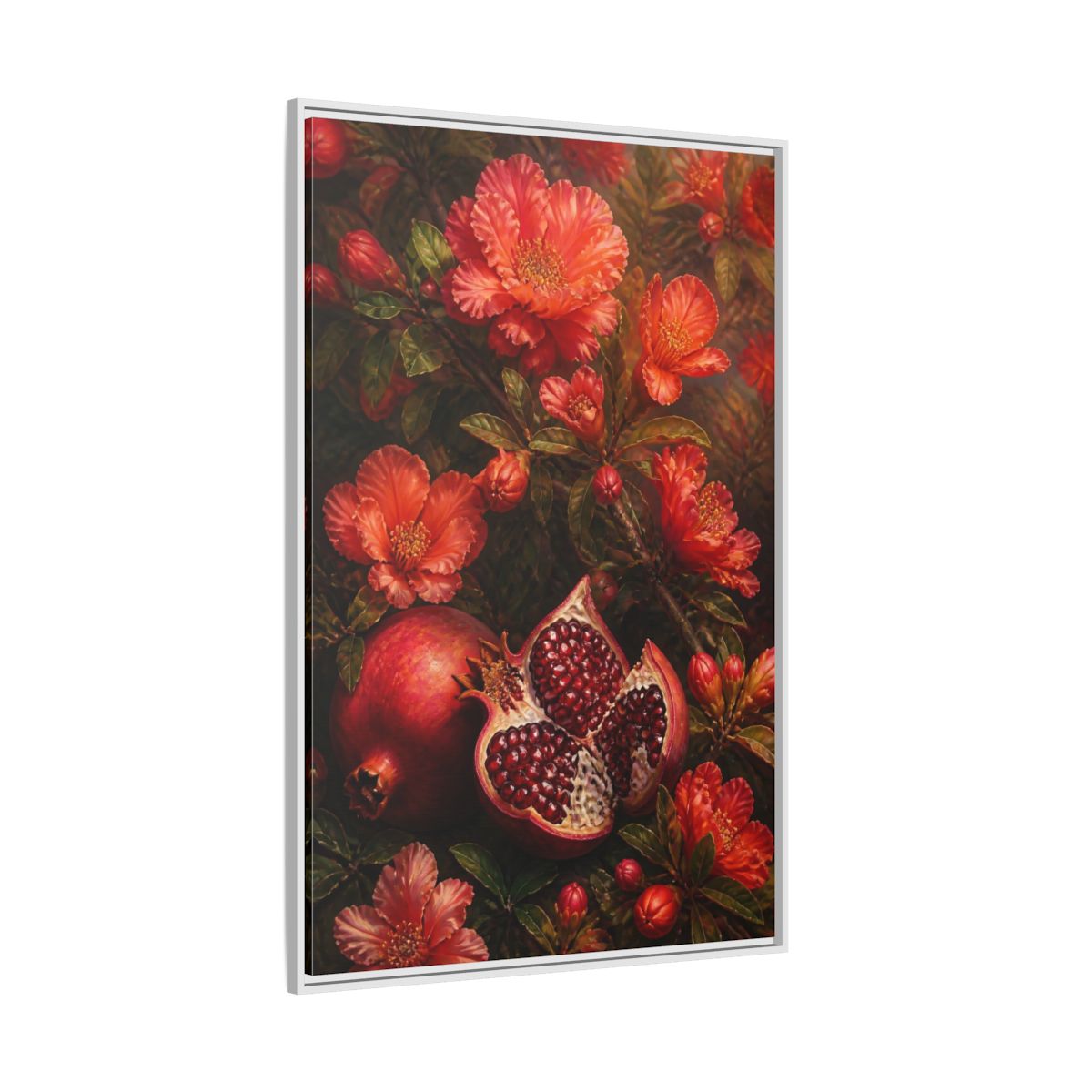 Side Mockup 7. Nature Pomegranates Red Pomegranate shown as framed canvas print