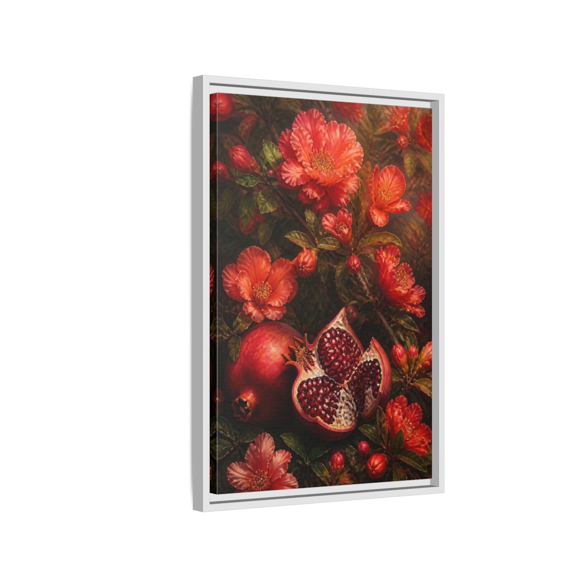 Side Mockup 1. Nature Pomegranates Red Pomegranate shown as framed canvas print