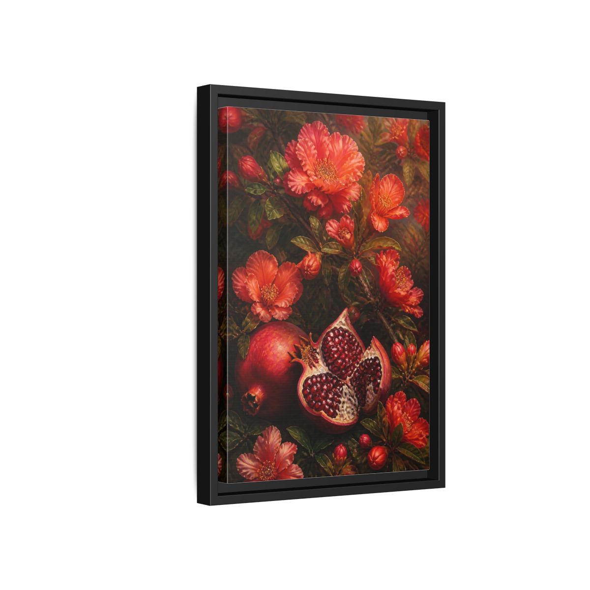 Side Mockup 6. Nature Pomegranates Red Pomegranate shown as framed canvas print