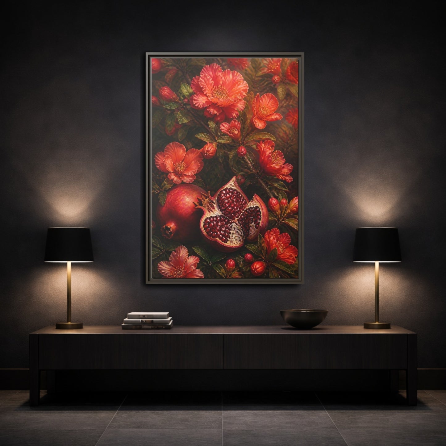 Mockup 3. Nature Pomegranates Red Pomegranate shown as framed canvas print