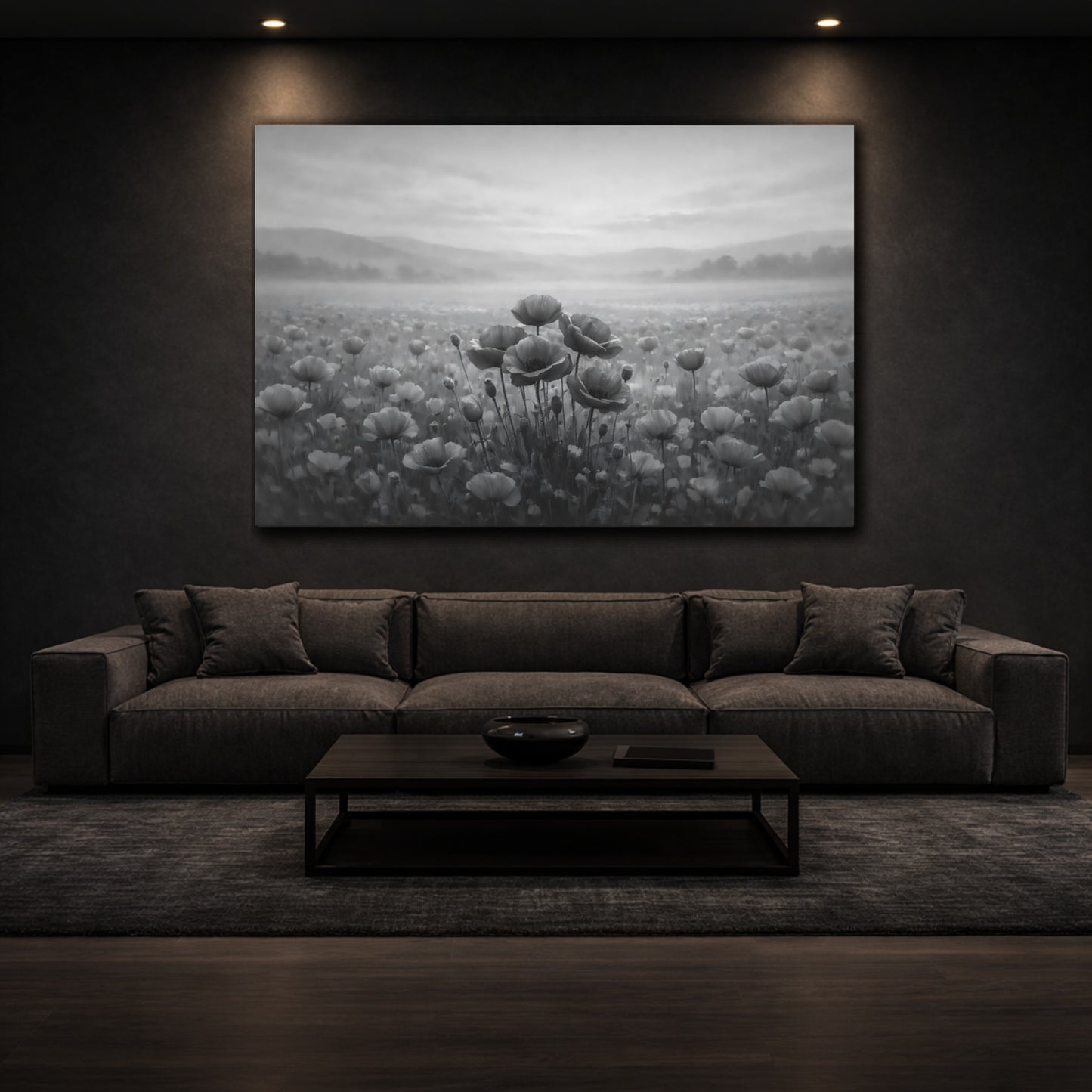 Nature Poppies Monochrome Poppies shown as front canvas room wall art