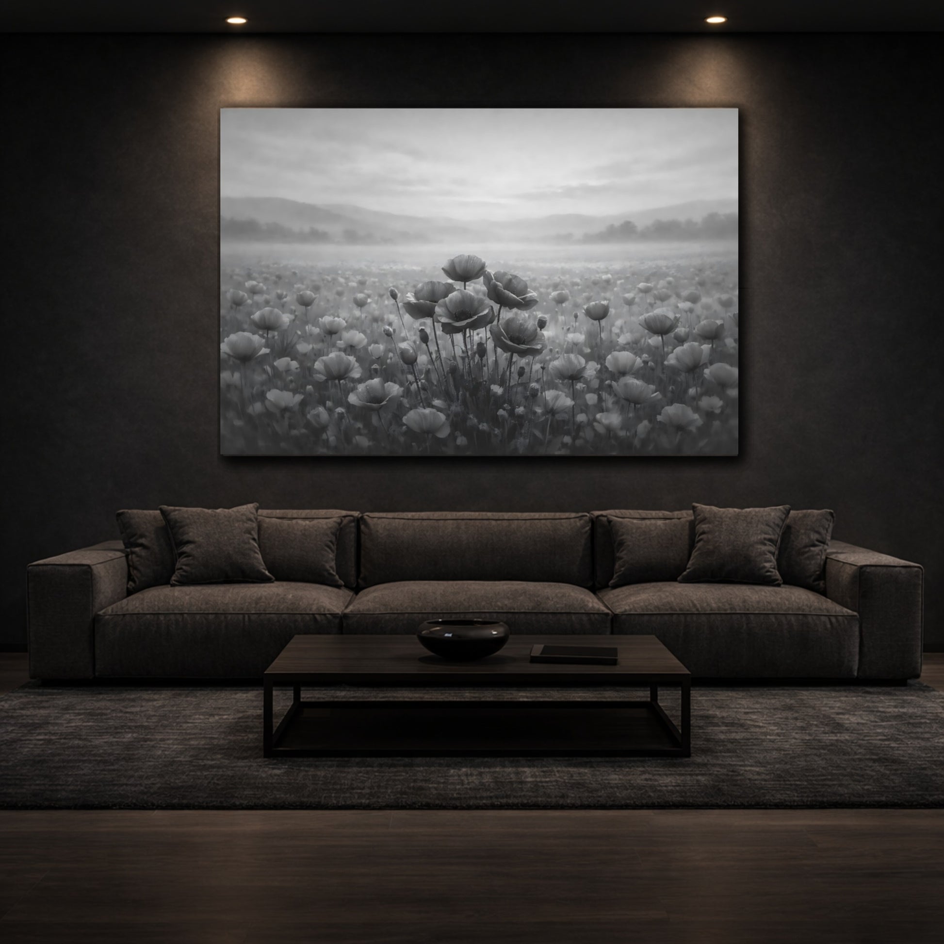 Nature Poppies Monochrome Poppies shown as front canvas room wall art