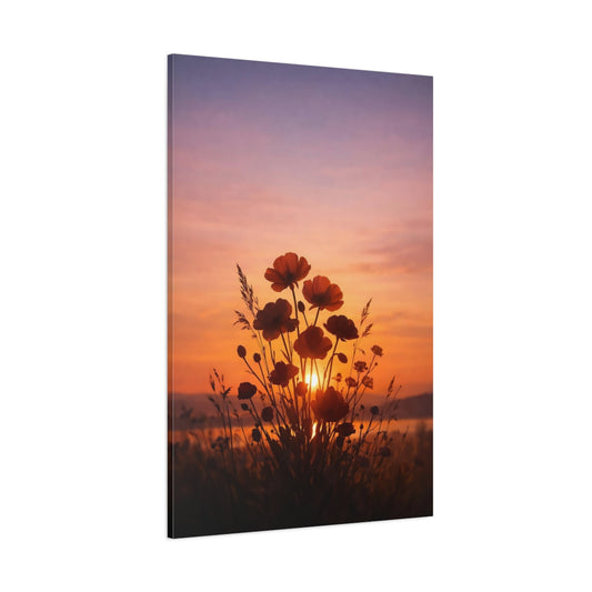 Main Mockup. Nature Poppies Orange Purple Sunset shown as stretched canvas wall art