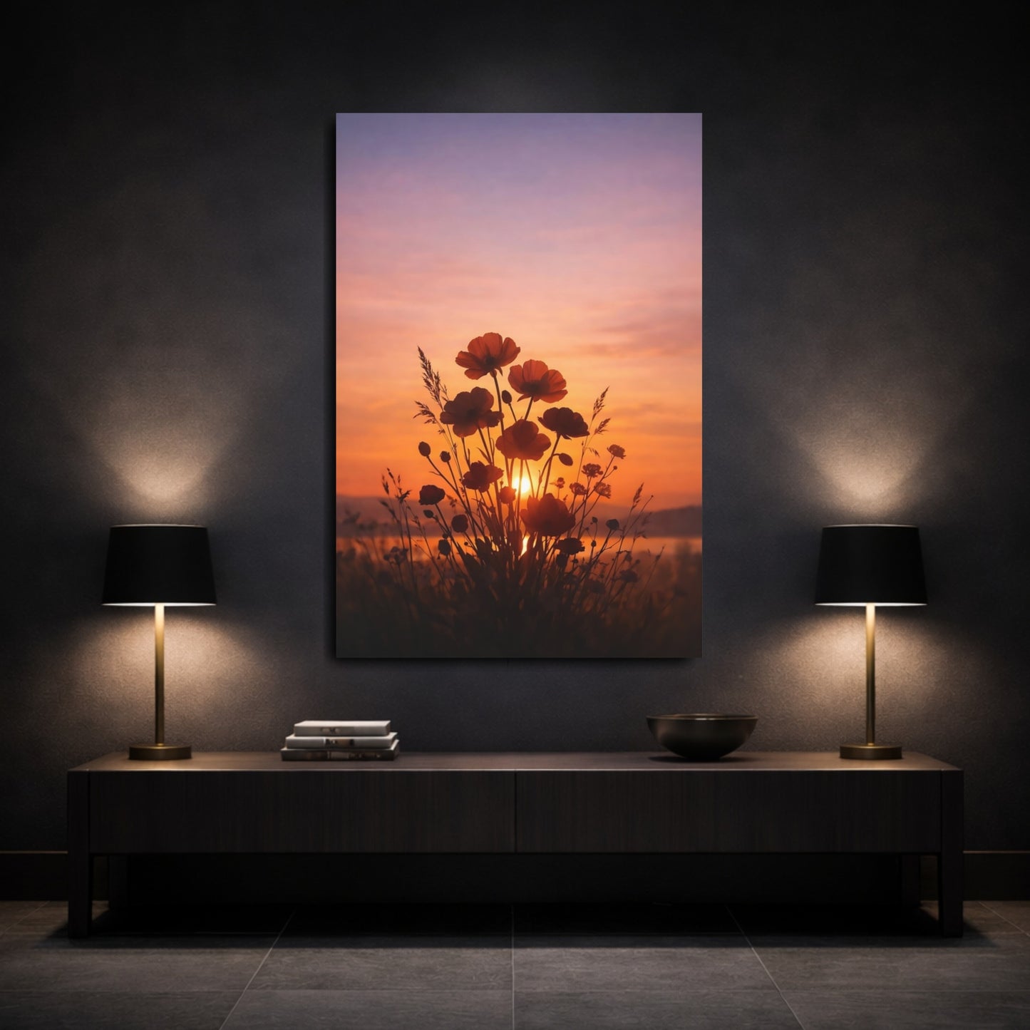 Mockup 2. Nature Poppies Orange Purple Sunset shown as stretched canvas wall art