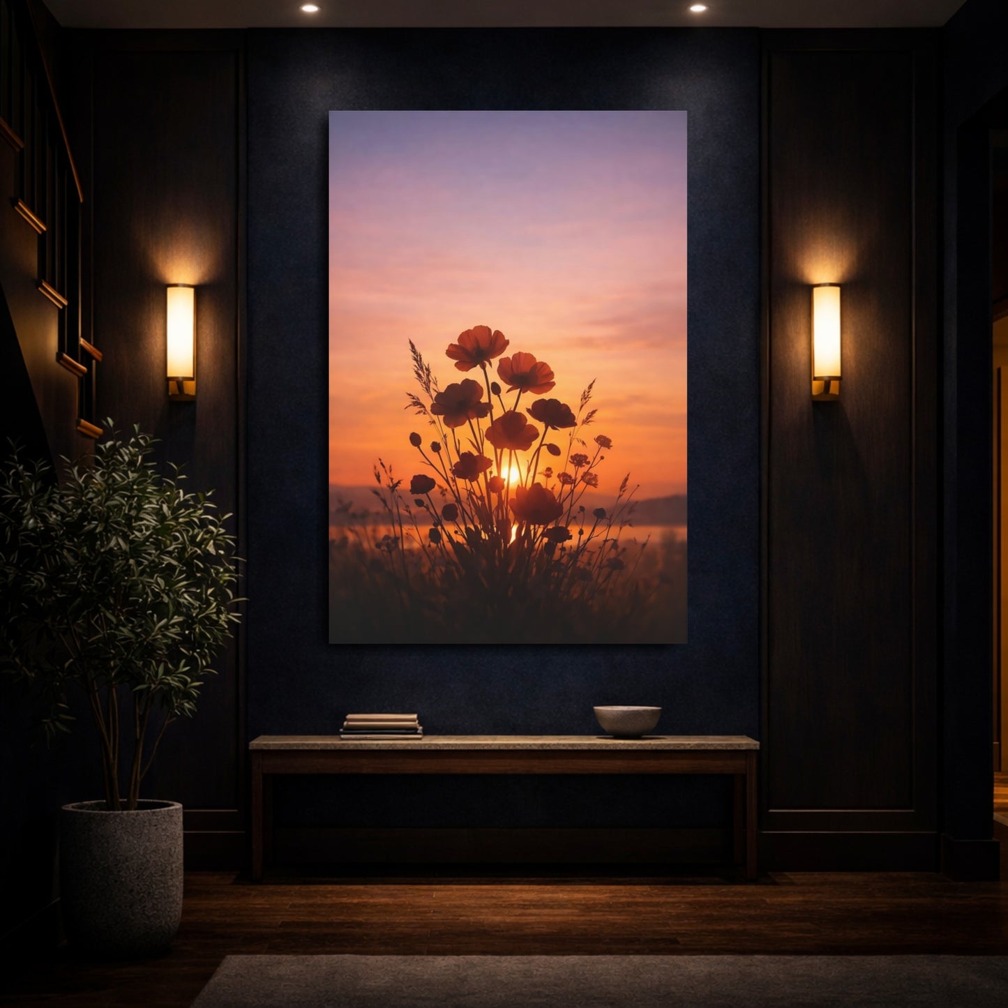 Mockup 3. Nature Poppies Orange Purple Sunset shown as stretched canvas wall art