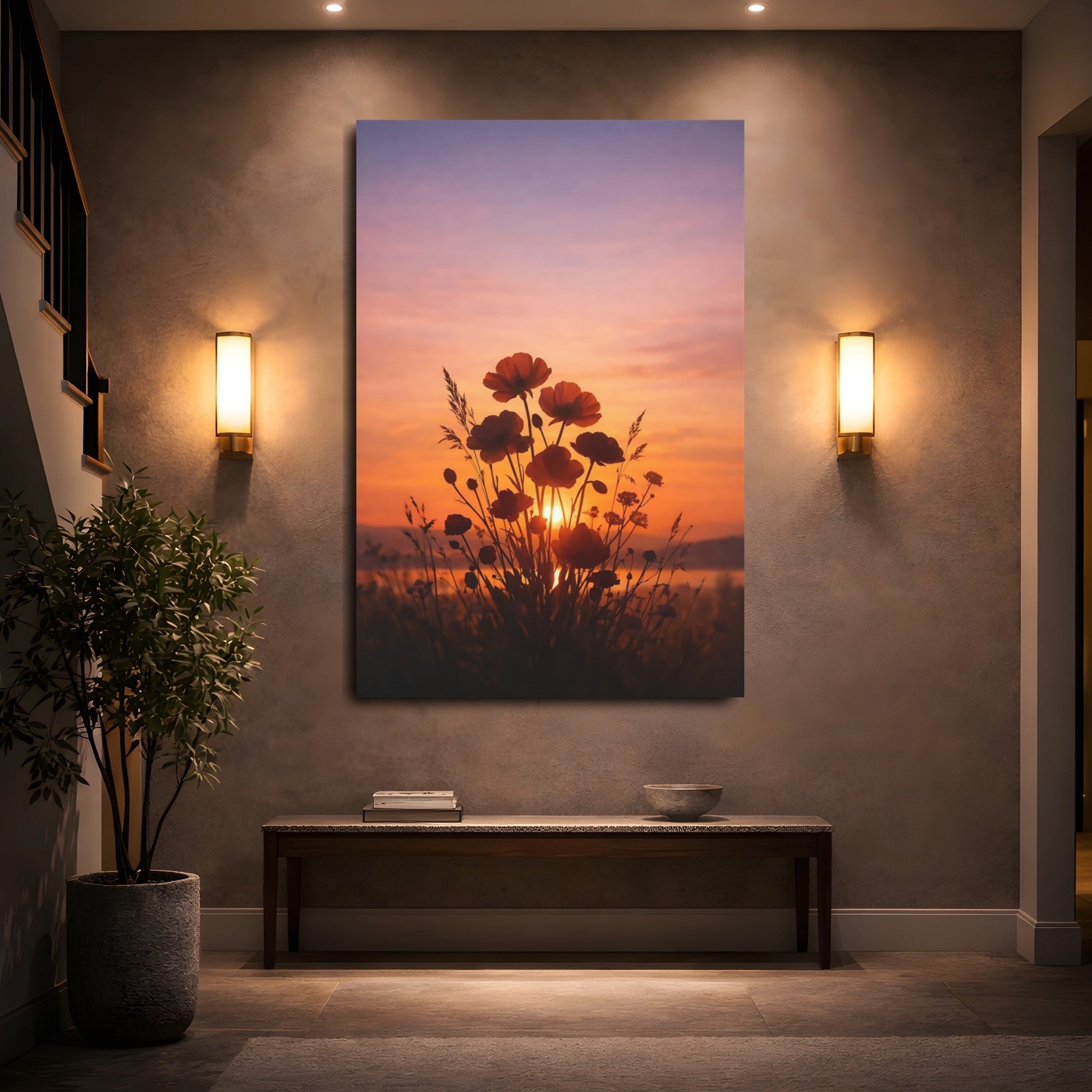 Mockup 4. Nature Poppies Orange Purple Sunset shown as stretched canvas wall art