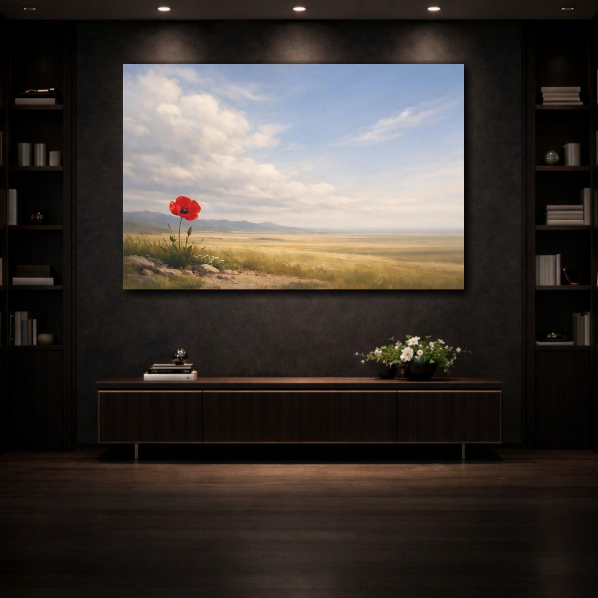 Mockup 3. Nature Poppy Flower Red Poppy Field shown as stretched canvas wall art