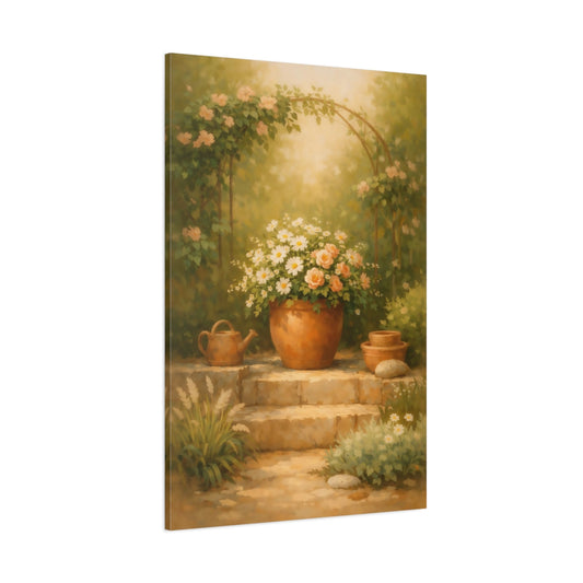 Main Mockup. Nature Potted Flowers Green Peach Garden shown as stretched canvas wall art