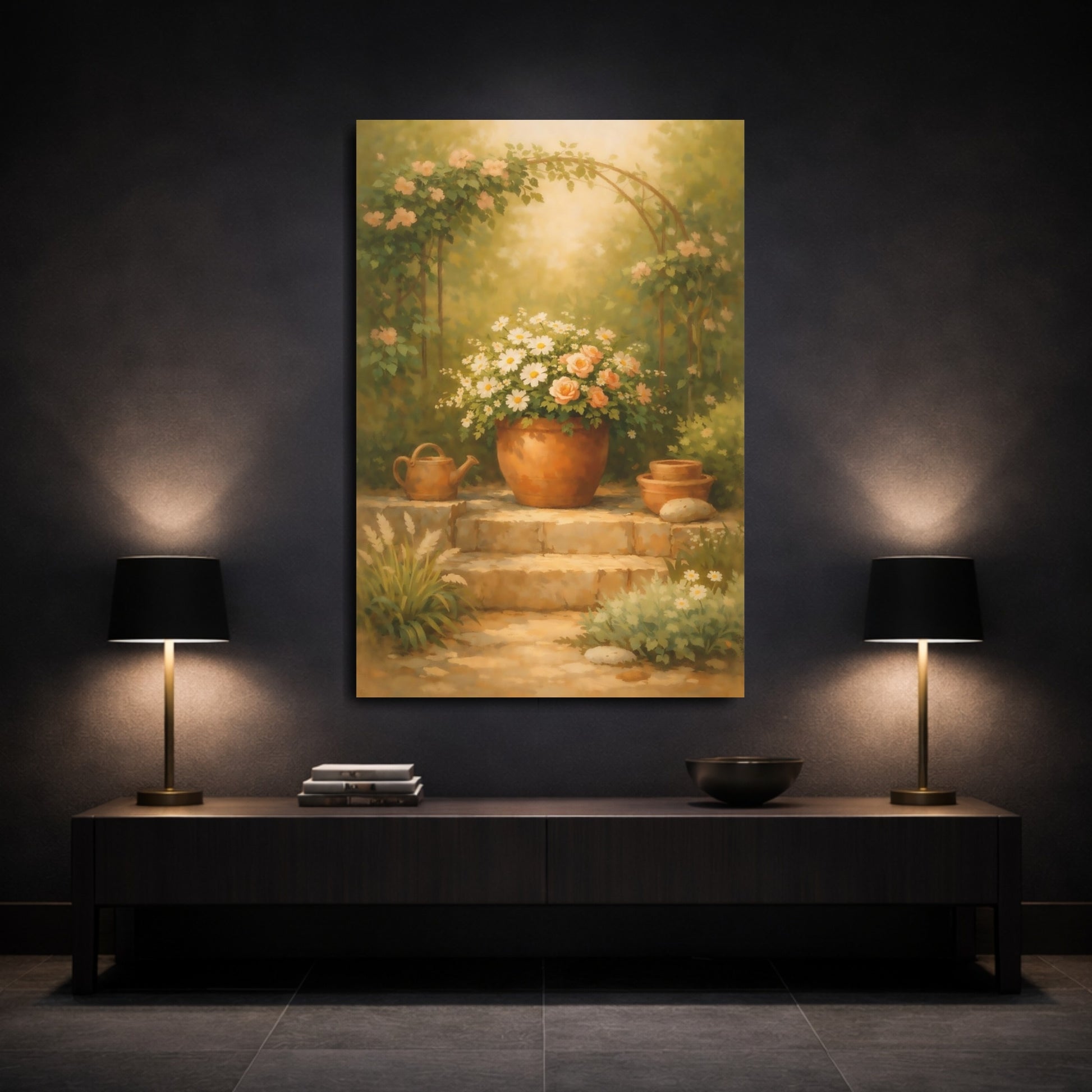 Mockup 2. Nature Potted Flowers Green Peach Garden shown as stretched canvas wall art