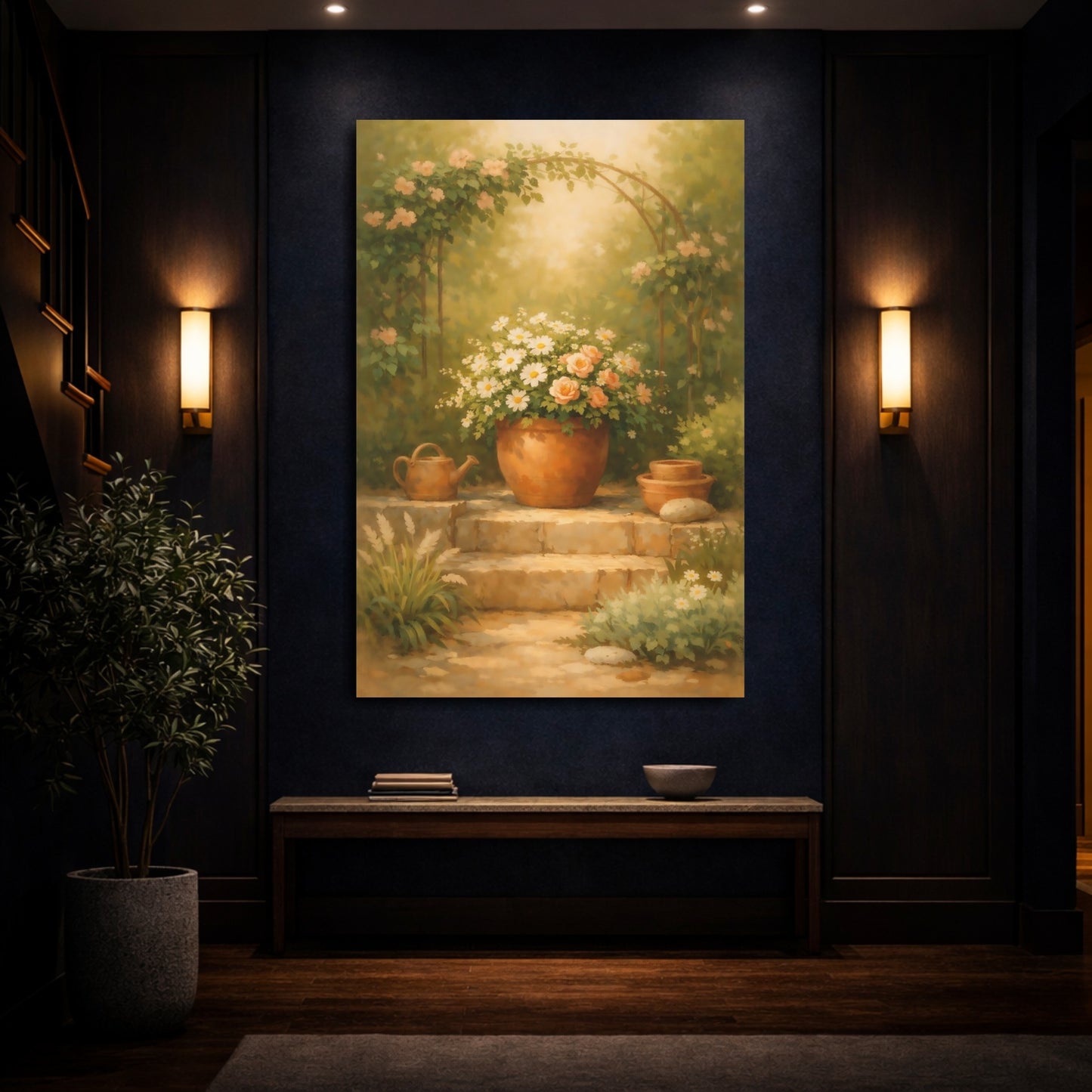 Mockup 3. Nature Potted Flowers Green Peach Garden shown as stretched canvas wall art