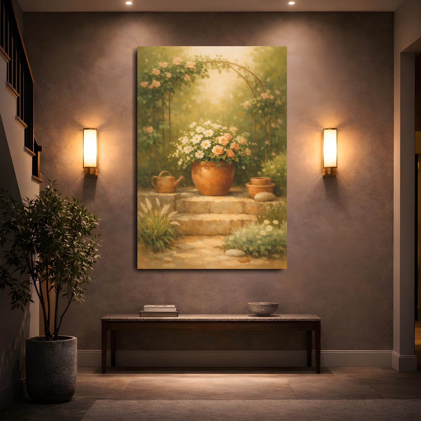 Mockup 4. Nature Potted Flowers Green Peach Garden shown as stretched canvas wall art