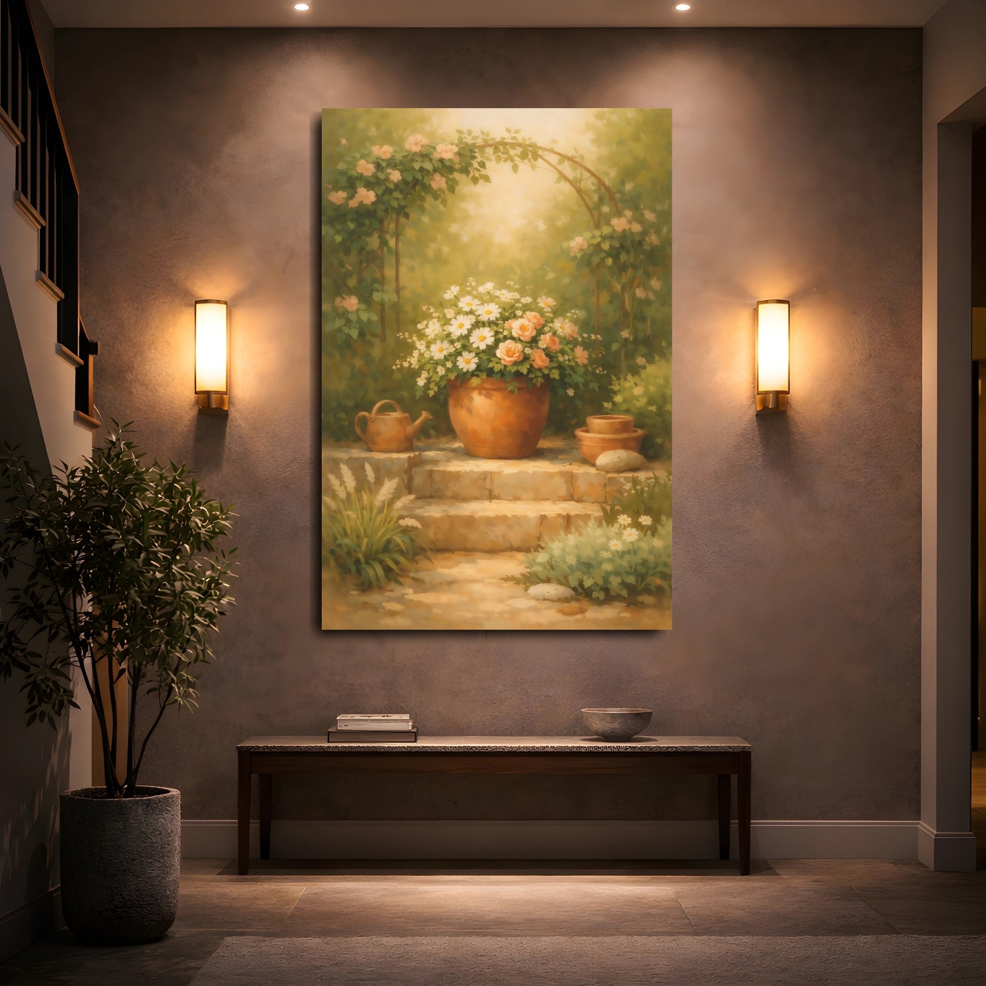 Mockup 4. Nature Potted Flowers Green Peach Garden shown as stretched canvas wall art