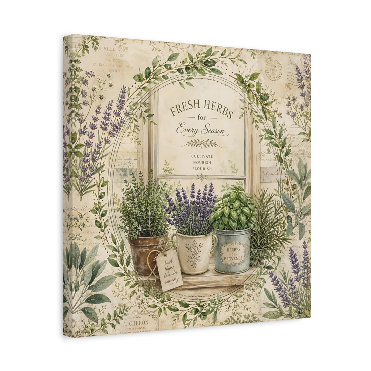 Side Mockup 6. Nature Potted Herbs Vintage Herbs shown as stretched canvas wall art