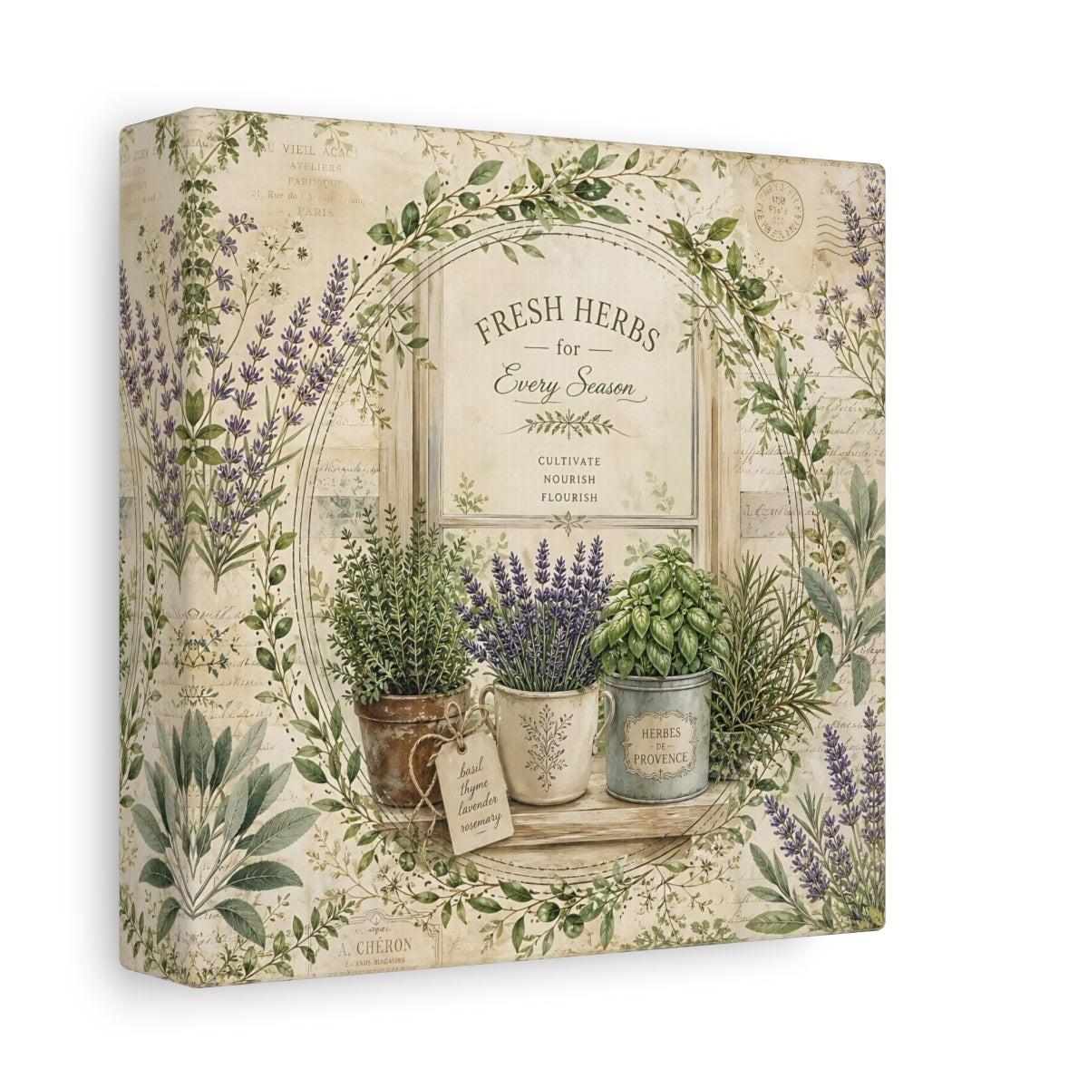 Side Mockup 2. Nature Potted Herbs Vintage Herbs shown as stretched canvas wall art