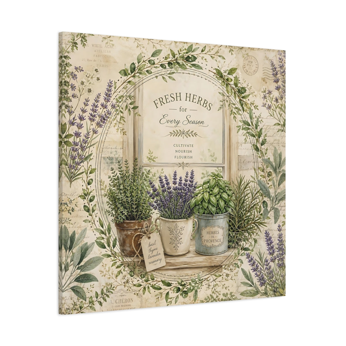 Side Mockup 1. Nature Potted Herbs Vintage Herbs shown as stretched canvas wall art