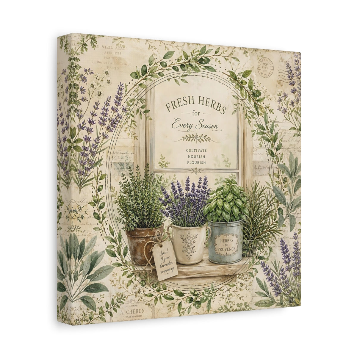 Side Mockup 9. Nature Potted Herbs Vintage Herbs shown as stretched canvas wall art