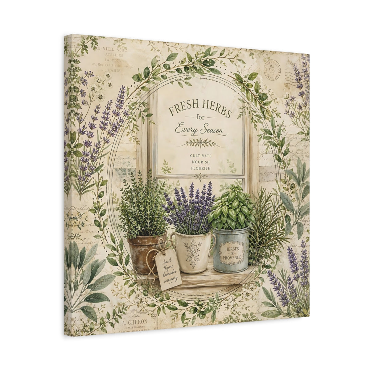 Side Mockup 5. Nature Potted Herbs Vintage Herbs shown as stretched canvas wall art