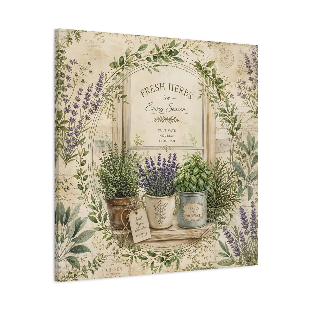 Side Mockup 3. Nature Potted Herbs Vintage Herbs shown as stretched canvas wall art