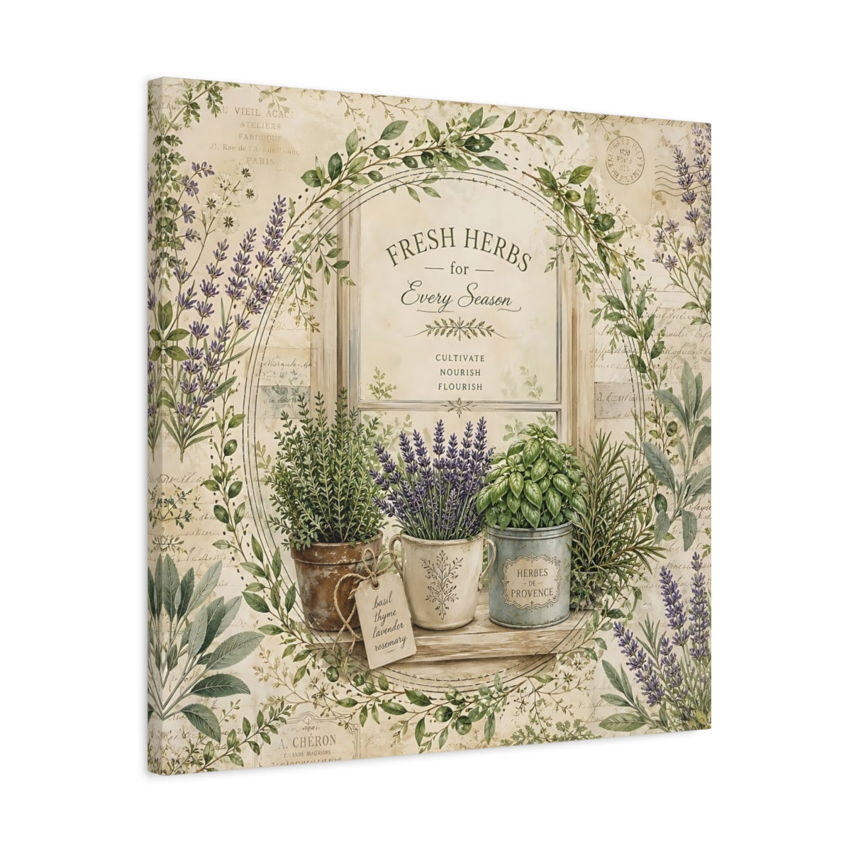 Side Mockup 4. Nature Potted Herbs Vintage Herbs shown as stretched canvas wall art