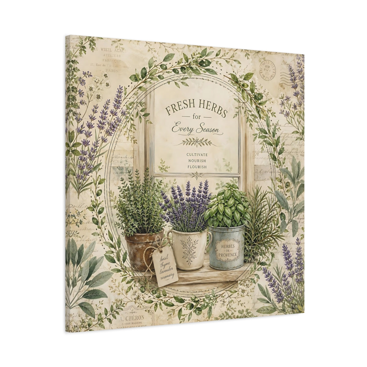 Main Mockup. Nature Potted Herbs Vintage Herbs shown as stretched canvas wall art