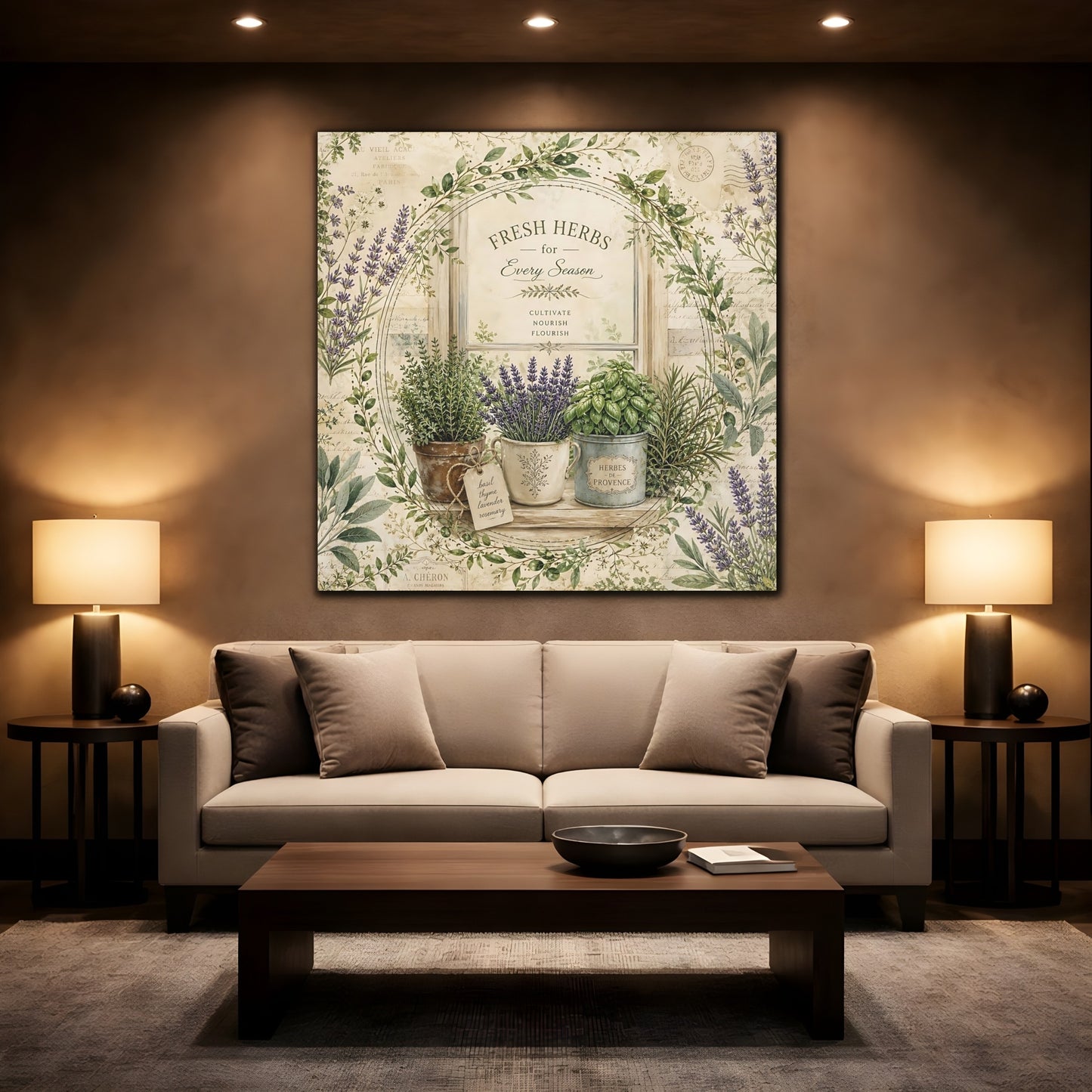 Mockup 2. Nature Potted Herbs Vintage Herbs shown as stretched canvas wall art