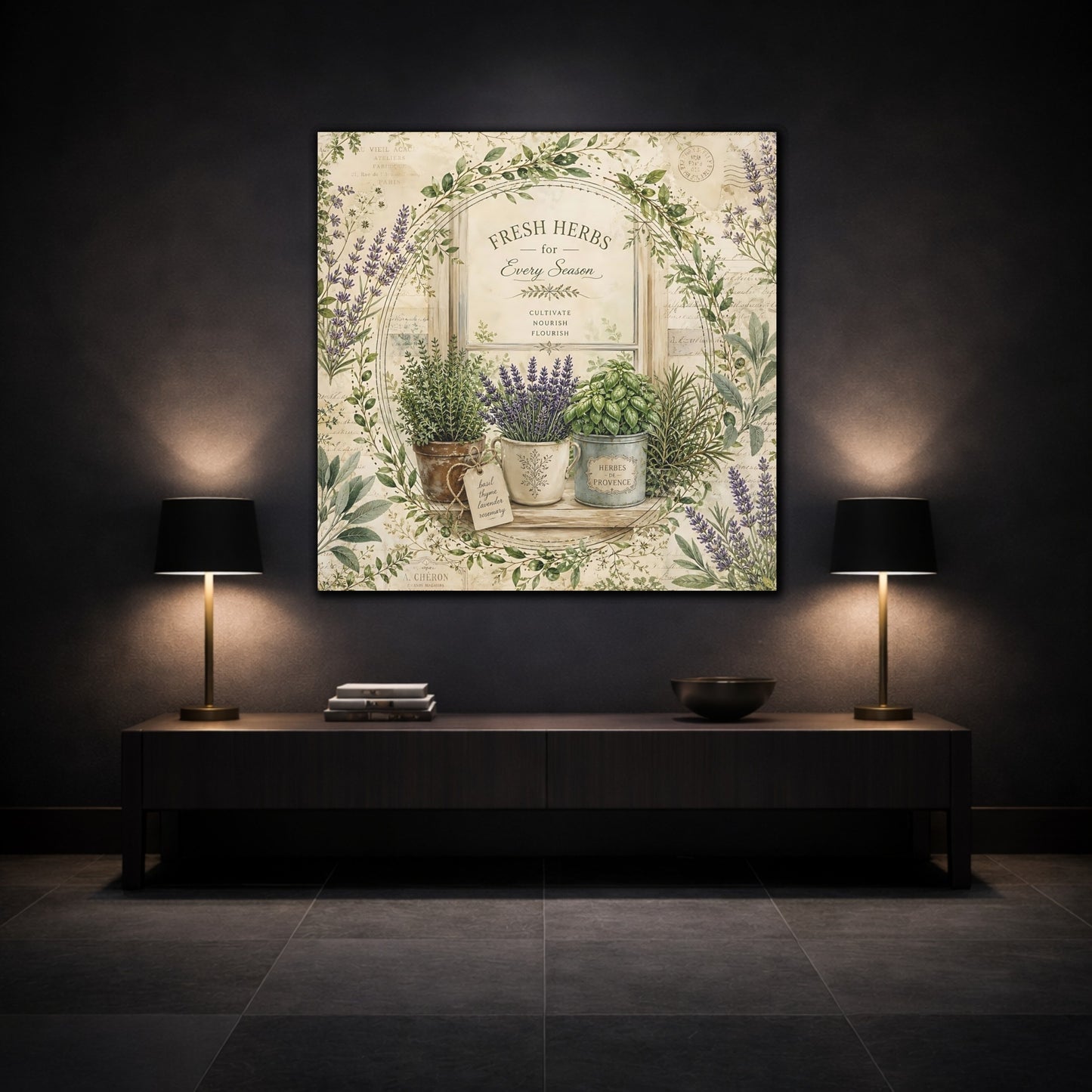 Mockup 3. Nature Potted Herbs Vintage Herbs shown as stretched canvas wall art