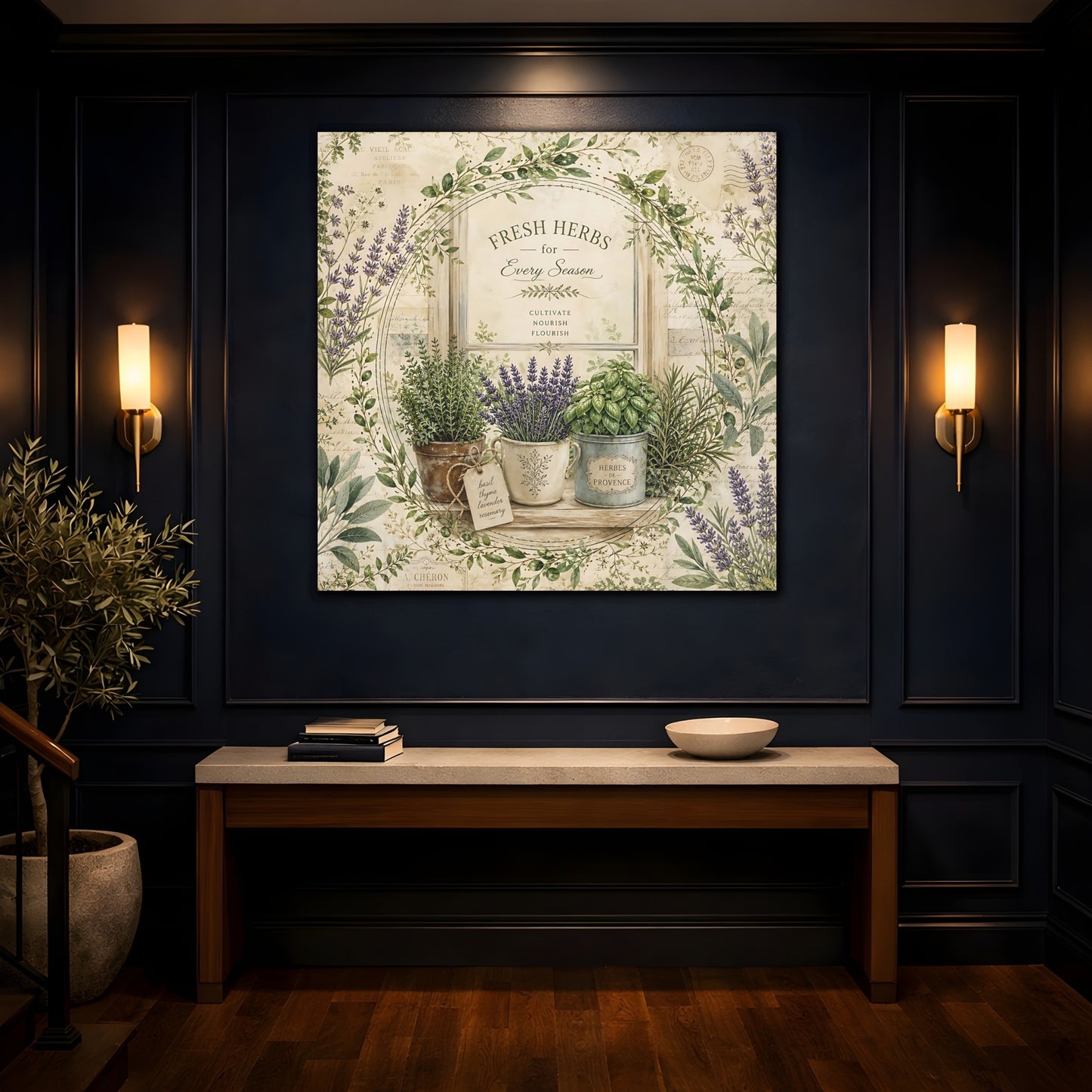 Mockup 4. Nature Potted Herbs Vintage Herbs shown as stretched canvas wall art