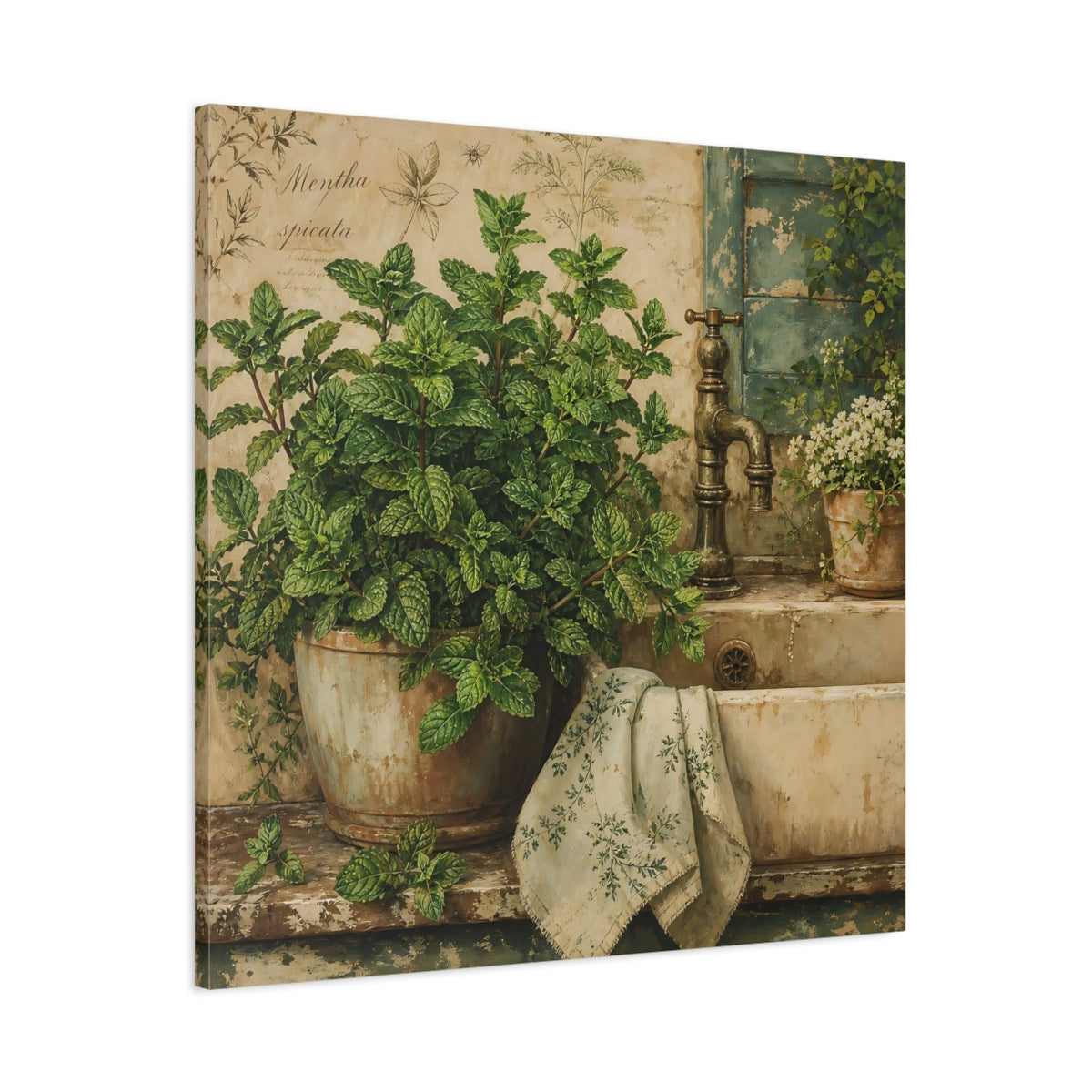 Main Mockup. Nature Potted Mint Green Mint Rustic shown as stretched canvas wall art