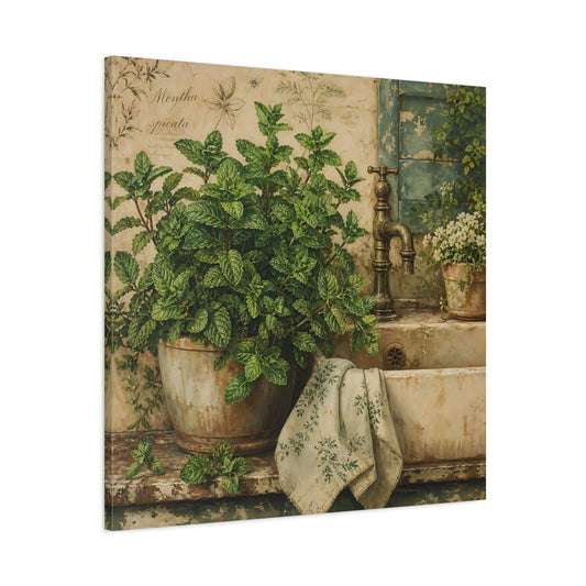 Main Mockup. Nature Potted Mint Green Mint Rustic shown as stretched canvas wall art