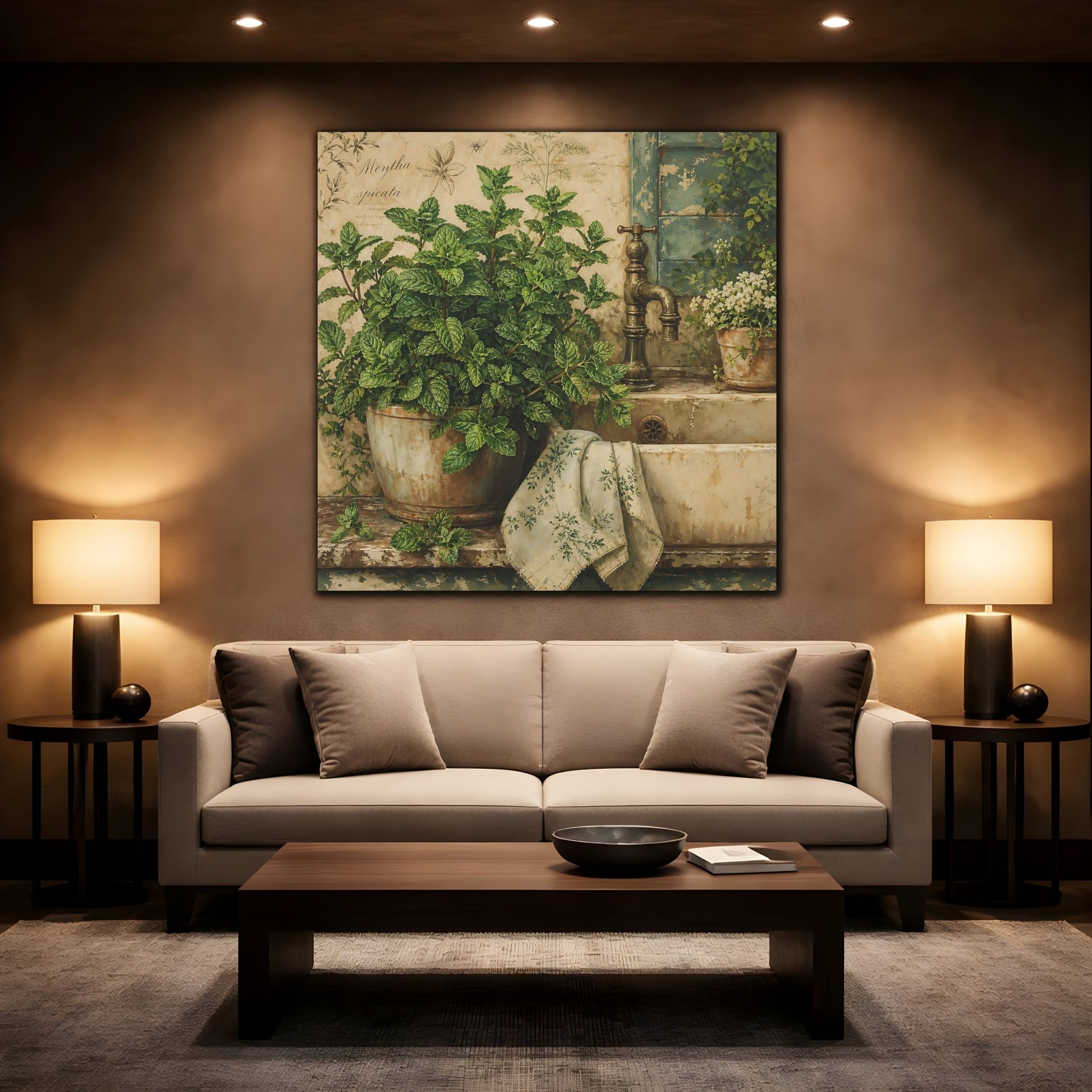 Mockup 2. Nature Potted Mint Green Mint Rustic shown as stretched canvas wall art