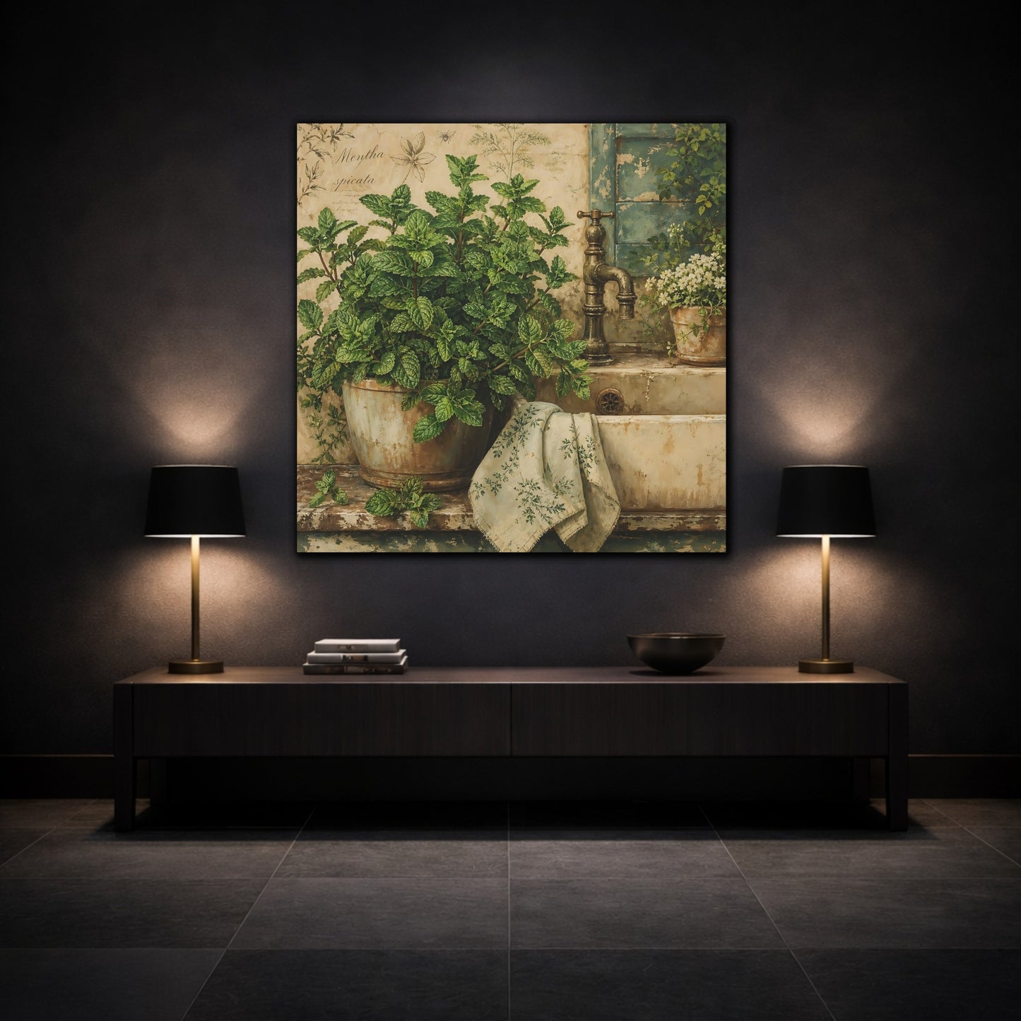 Mockup 3. Nature Potted Mint Green Mint Rustic shown as stretched canvas wall art