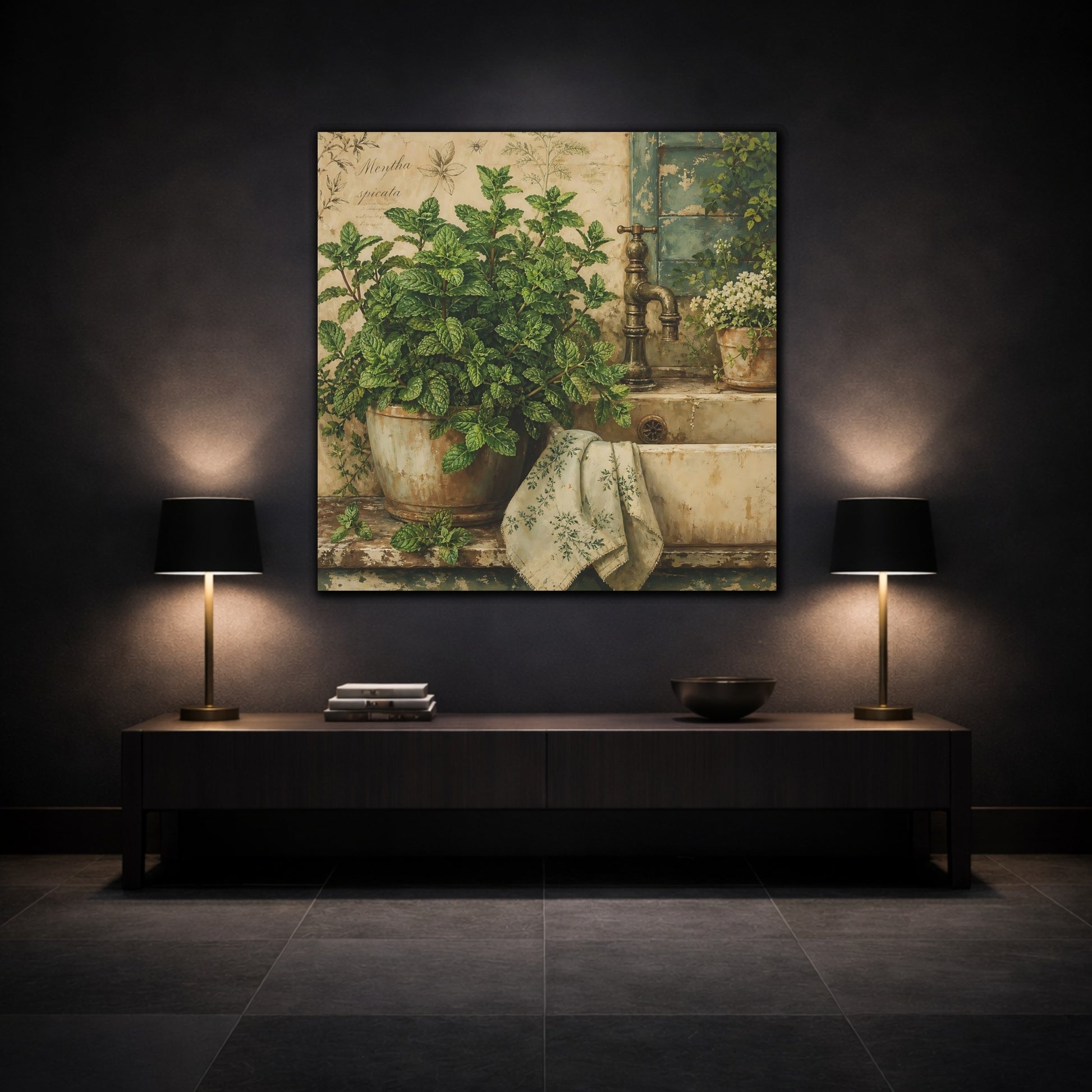 Mockup 3. Nature Potted Mint Green Mint Rustic shown as stretched canvas wall art