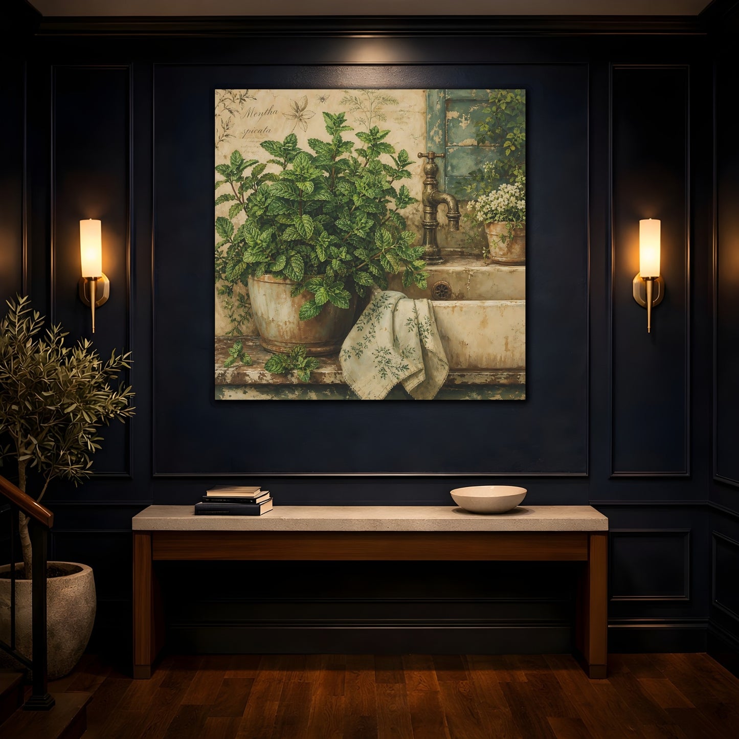 Mockup 4. Nature Potted Mint Green Mint Rustic shown as stretched canvas wall art