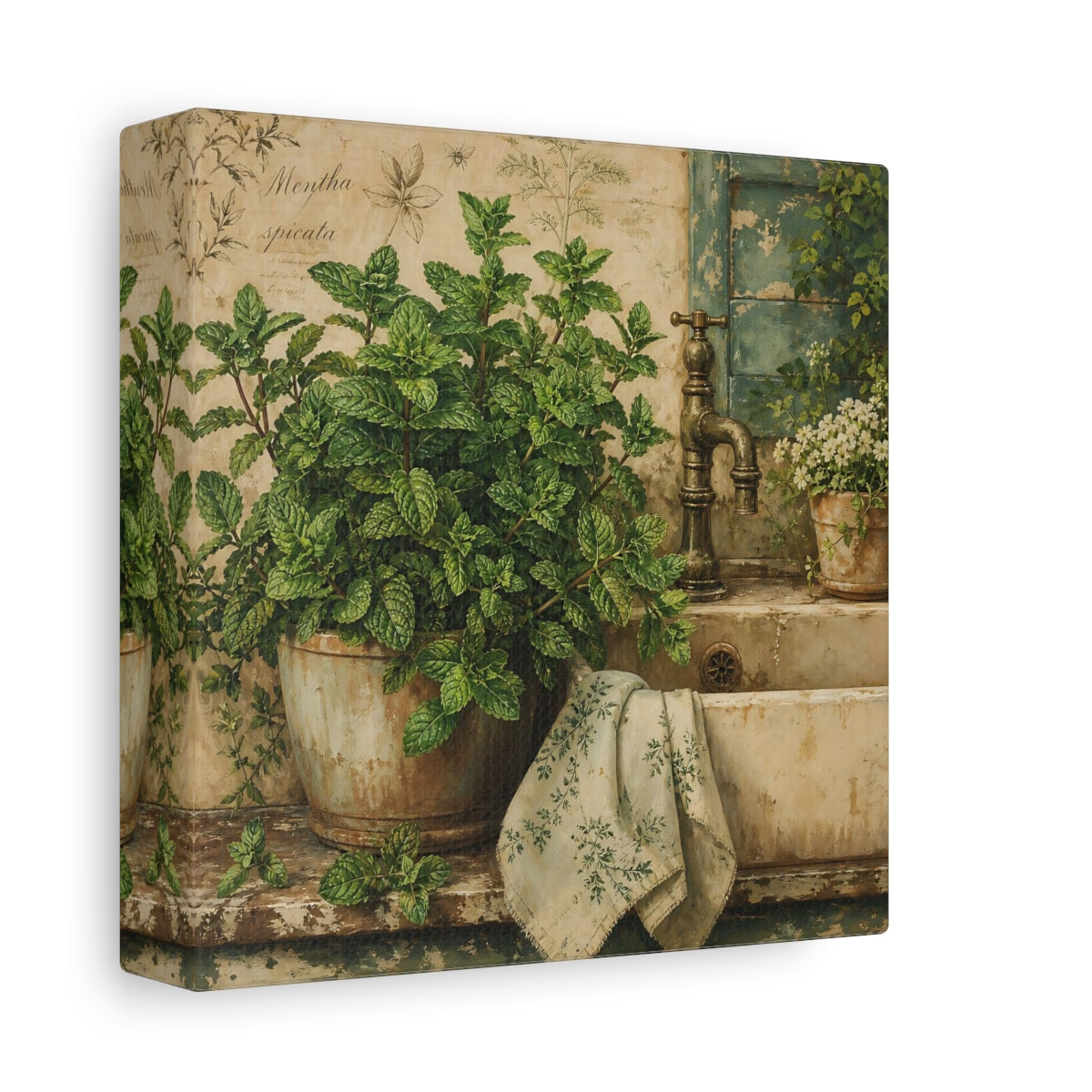Side Mockup 2. Nature Potted Mint Green Mint Rustic shown as stretched canvas wall art