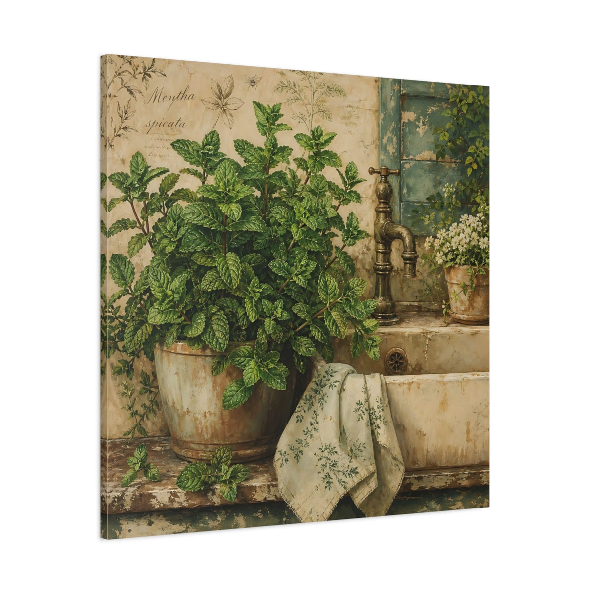 Side Mockup 1. Nature Potted Mint Green Mint Rustic shown as stretched canvas wall art