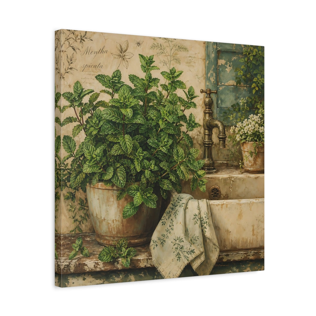 Side Mockup 5. Nature Potted Mint Green Mint Rustic shown as stretched canvas wall art