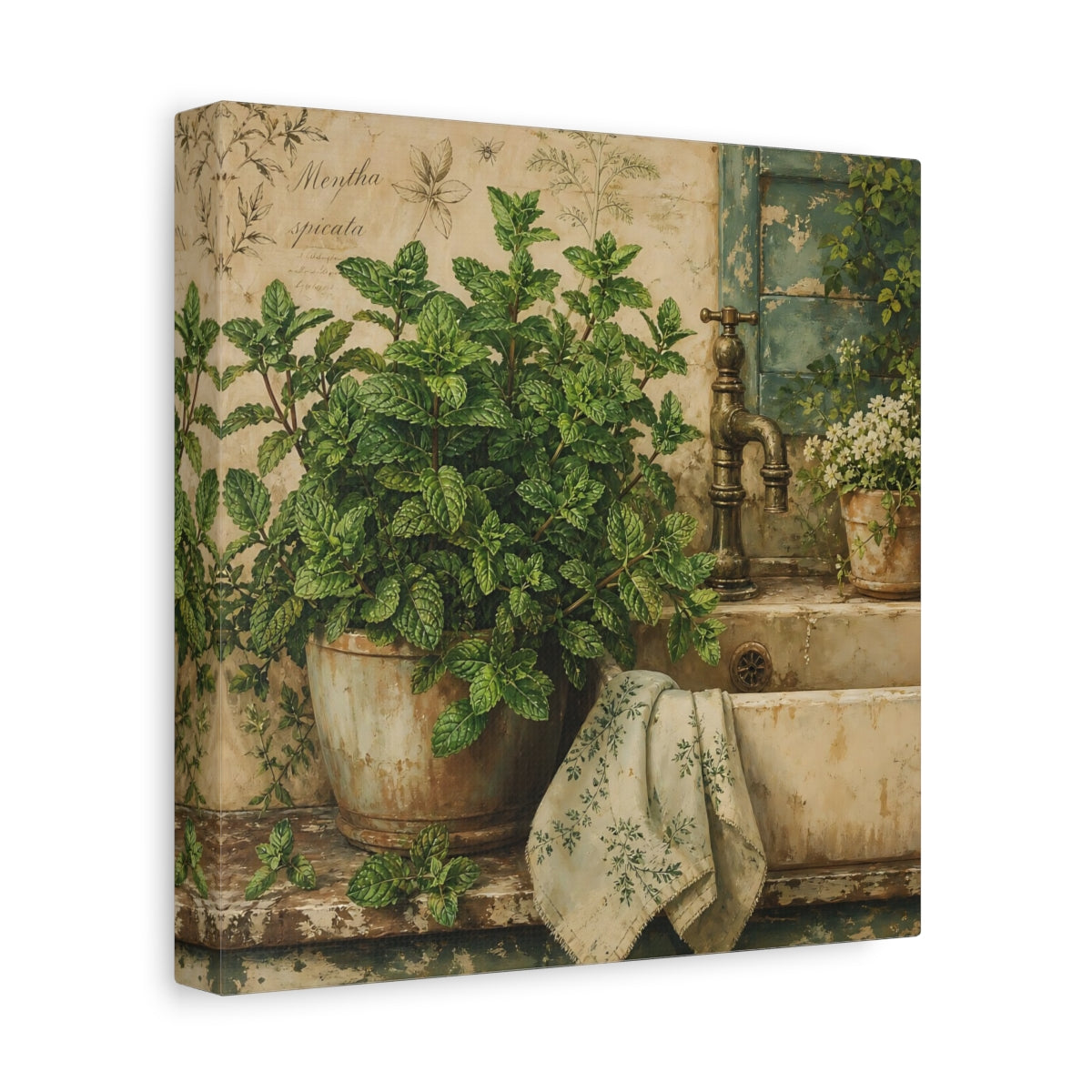 Side Mockup 9. Nature Potted Mint Green Mint Rustic shown as stretched canvas wall art