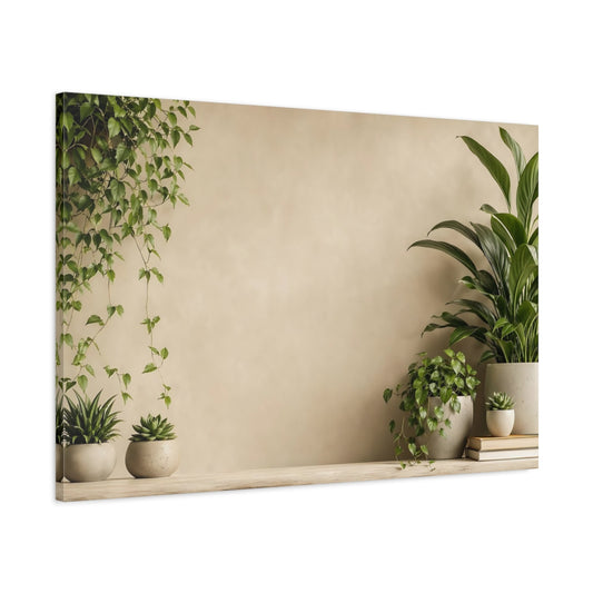 Main Mockup. Nature Potted Plants Green And Beige shown as stretched canvas wall art