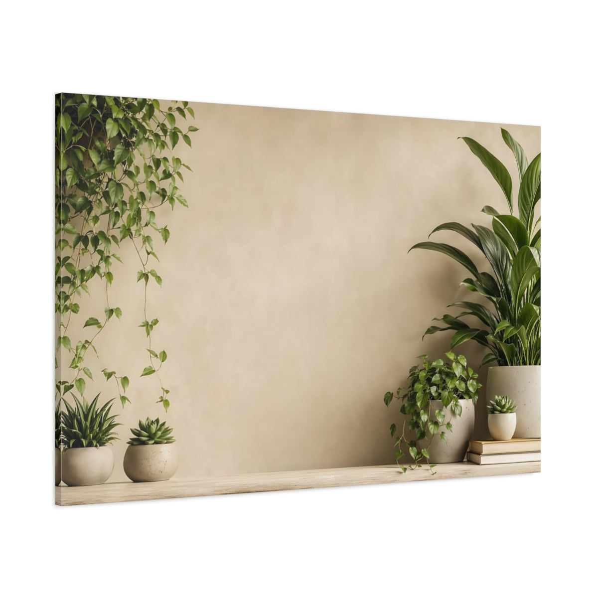 Side Mockup 1. Nature Potted Plants Green And Beige shown as stretched canvas wall art
