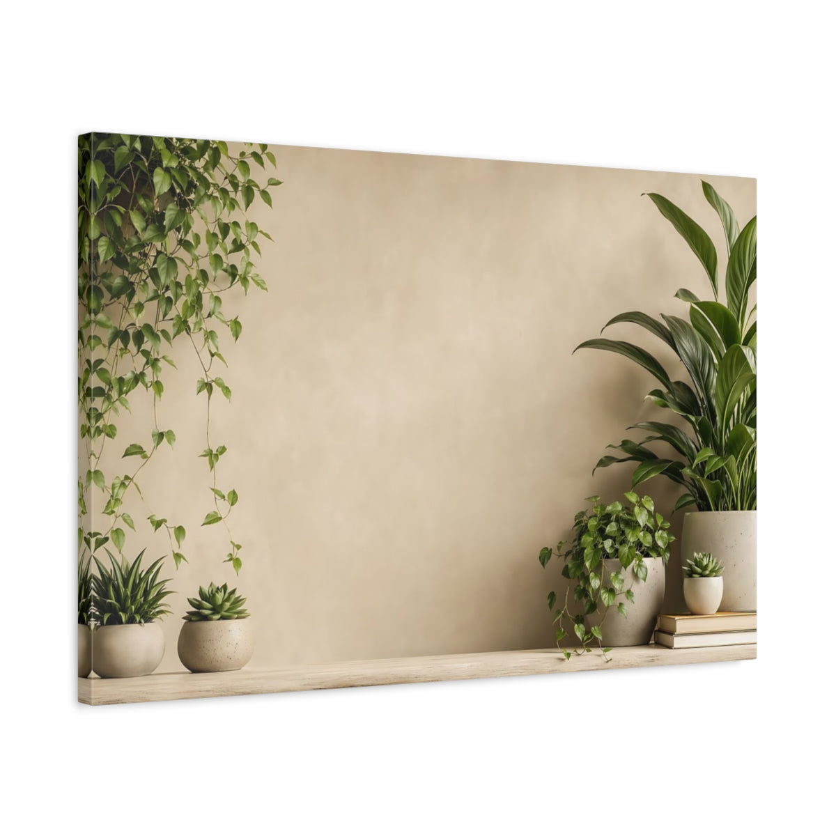 Side Mockup 2. Nature Potted Plants Green And Beige shown as stretched canvas wall art