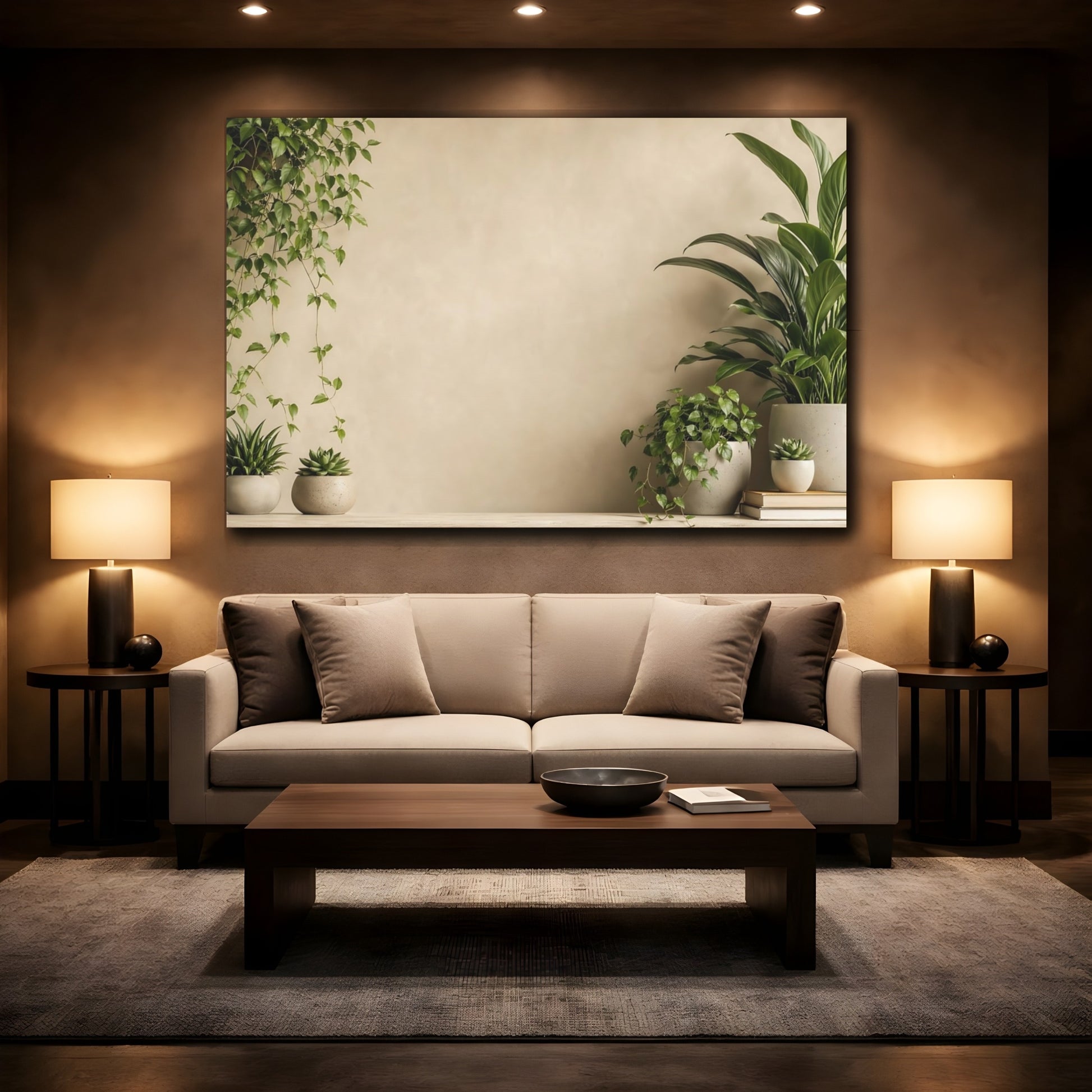 Mockup 2. Nature Potted Plants Green And Beige shown as stretched canvas wall art