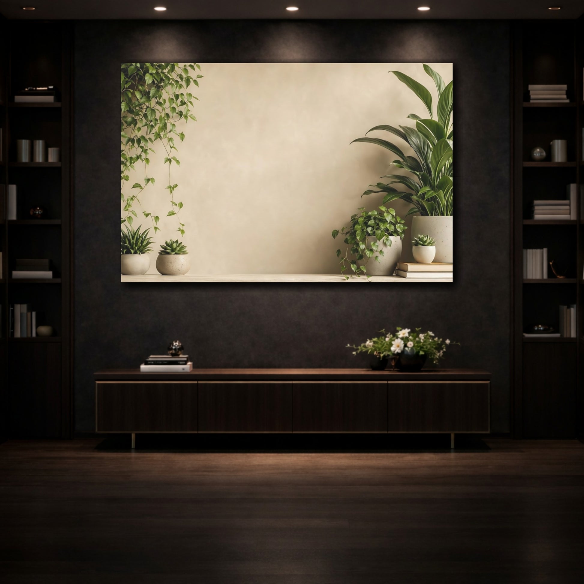 Mockup 3. Nature Potted Plants Green And Beige shown as stretched canvas wall art