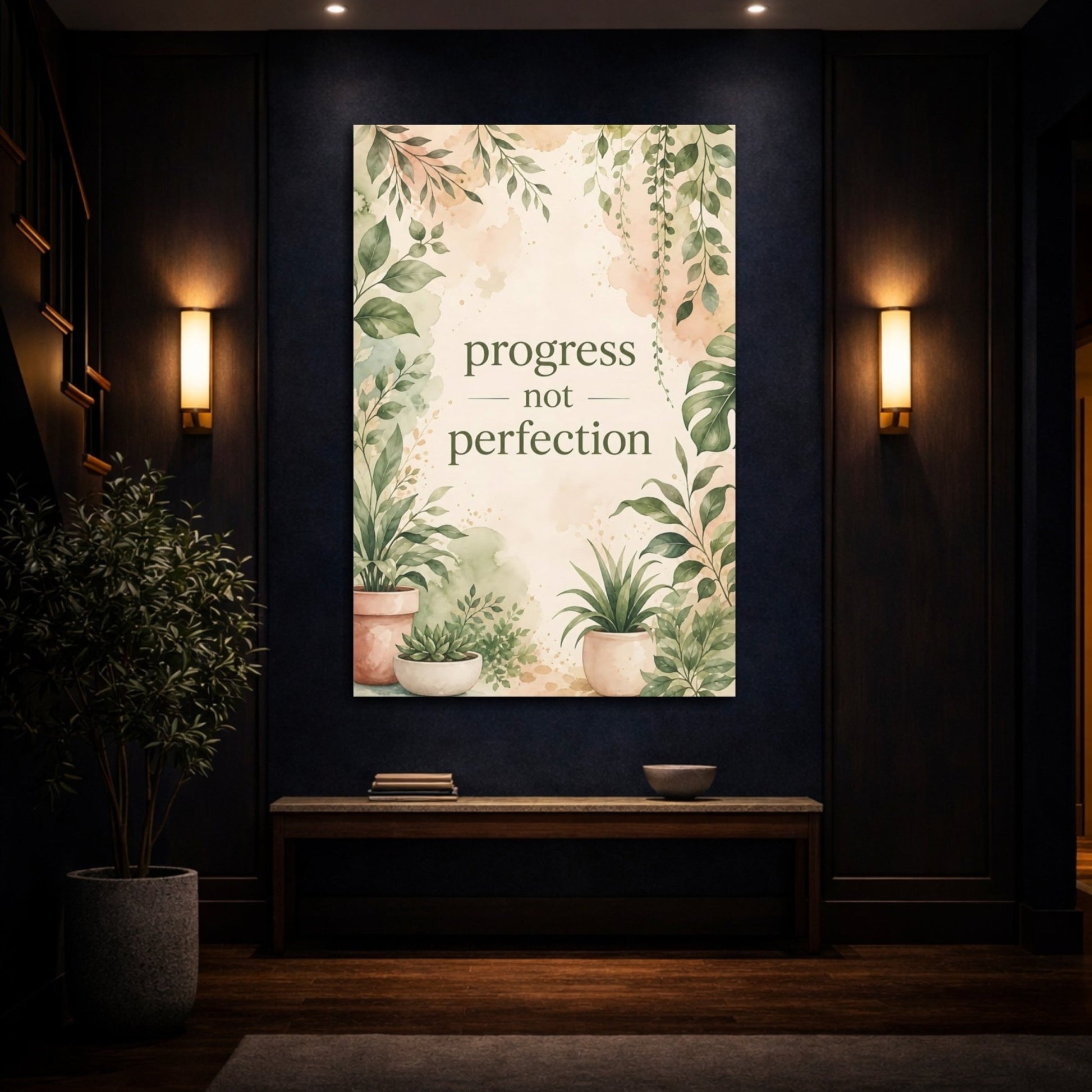 Nature Potted Plants Green Botanical Quote Canvas Print – Watercolor Living Room, Above Console Table - YesArtYes