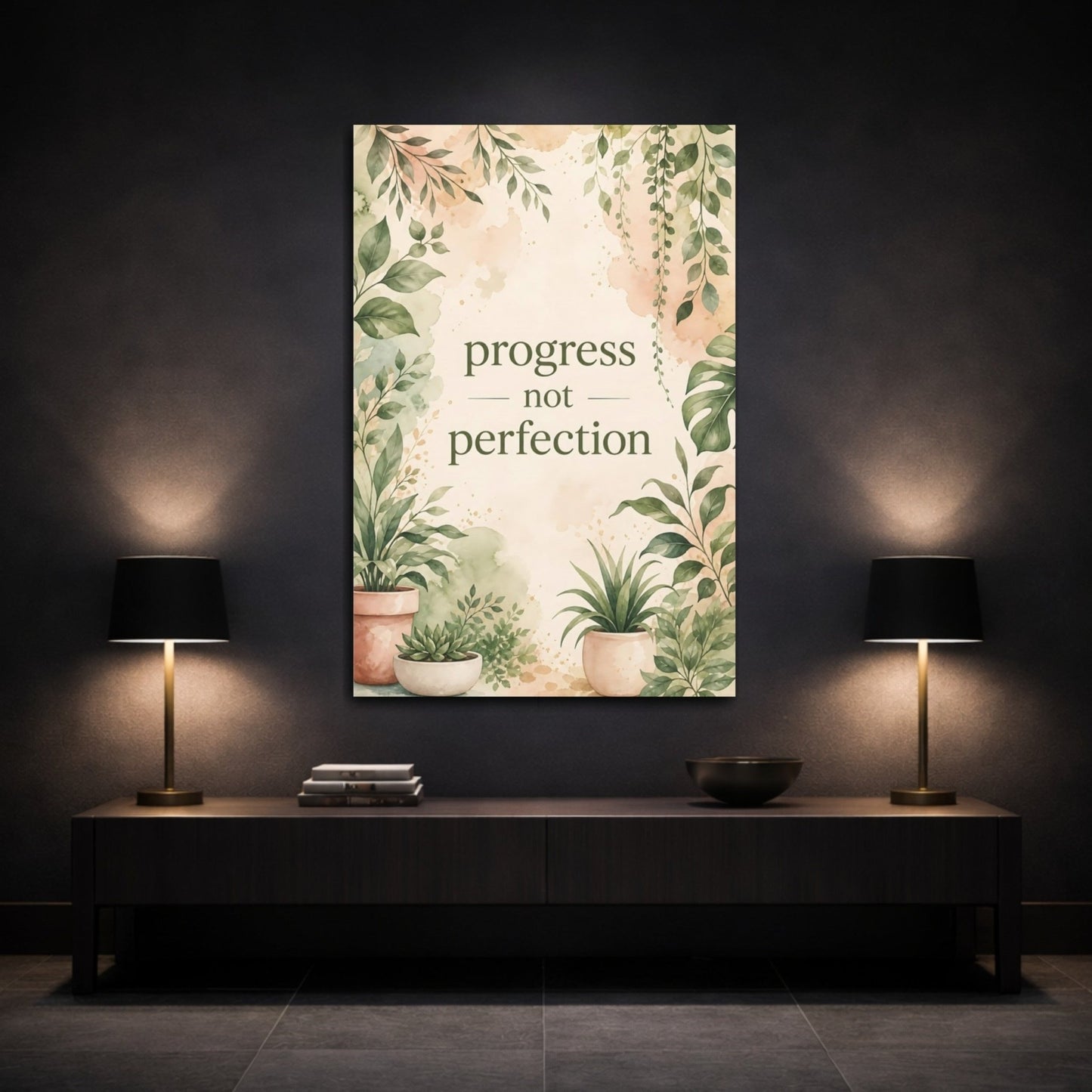 Nature Potted Plants Green Botanical Quote Canvas Print – Watercolor Living Room, Above Console Table - YesArtYes