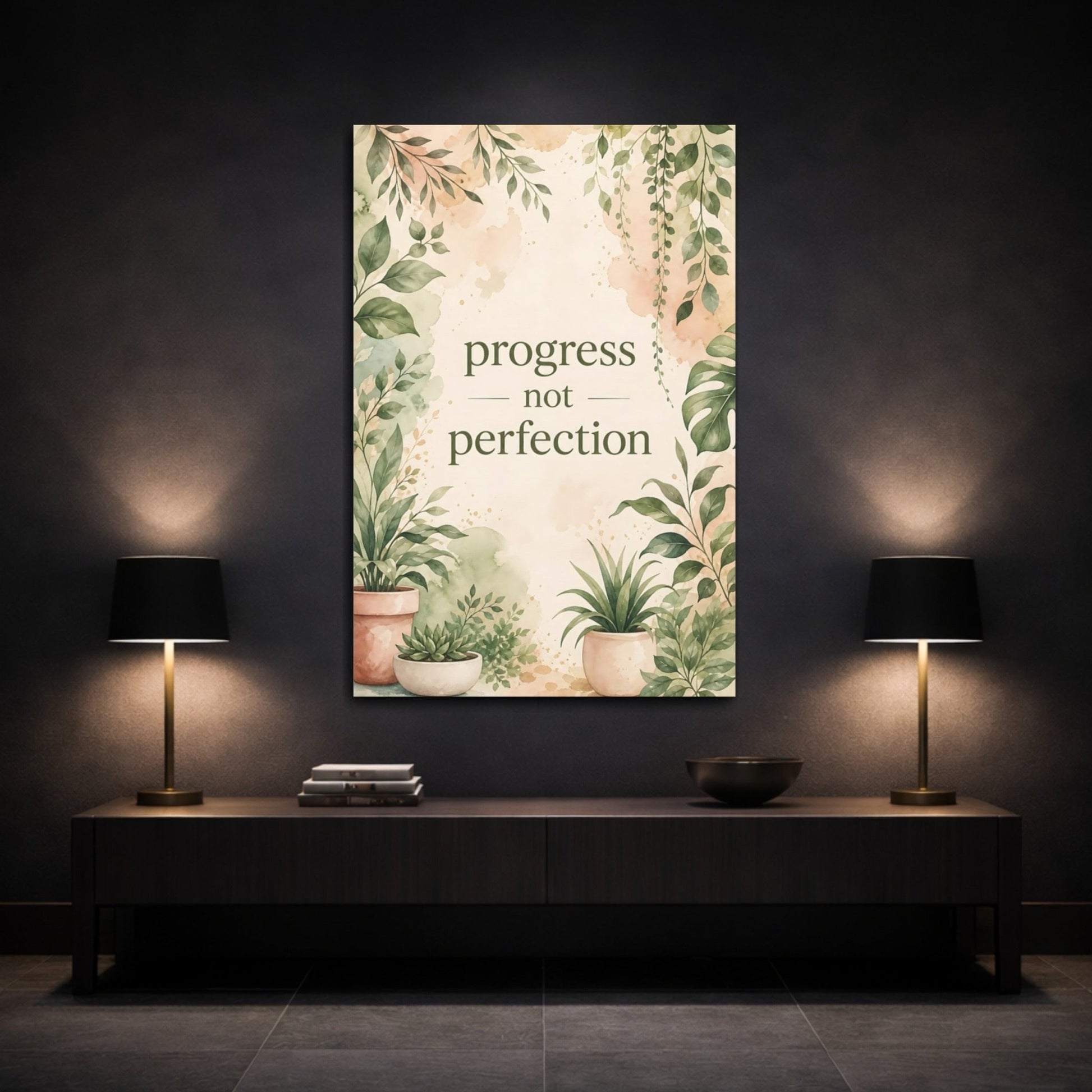 Nature Potted Plants Green Botanical Quote Canvas Print – Watercolor Living Room, Above Console Table - YesArtYes
