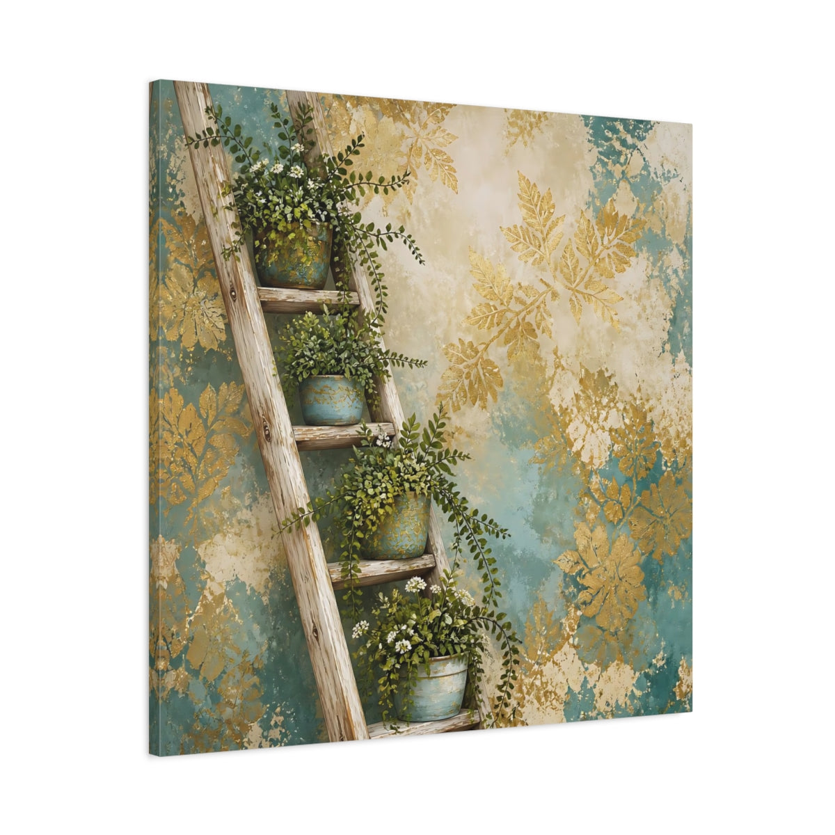 Main Mockup. Nature Potted Plants Green Gold Foliage shown as stretched canvas wall art