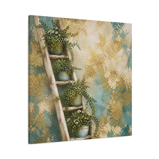 Main Mockup. Nature Potted Plants Green Gold Foliage shown as stretched canvas wall art
